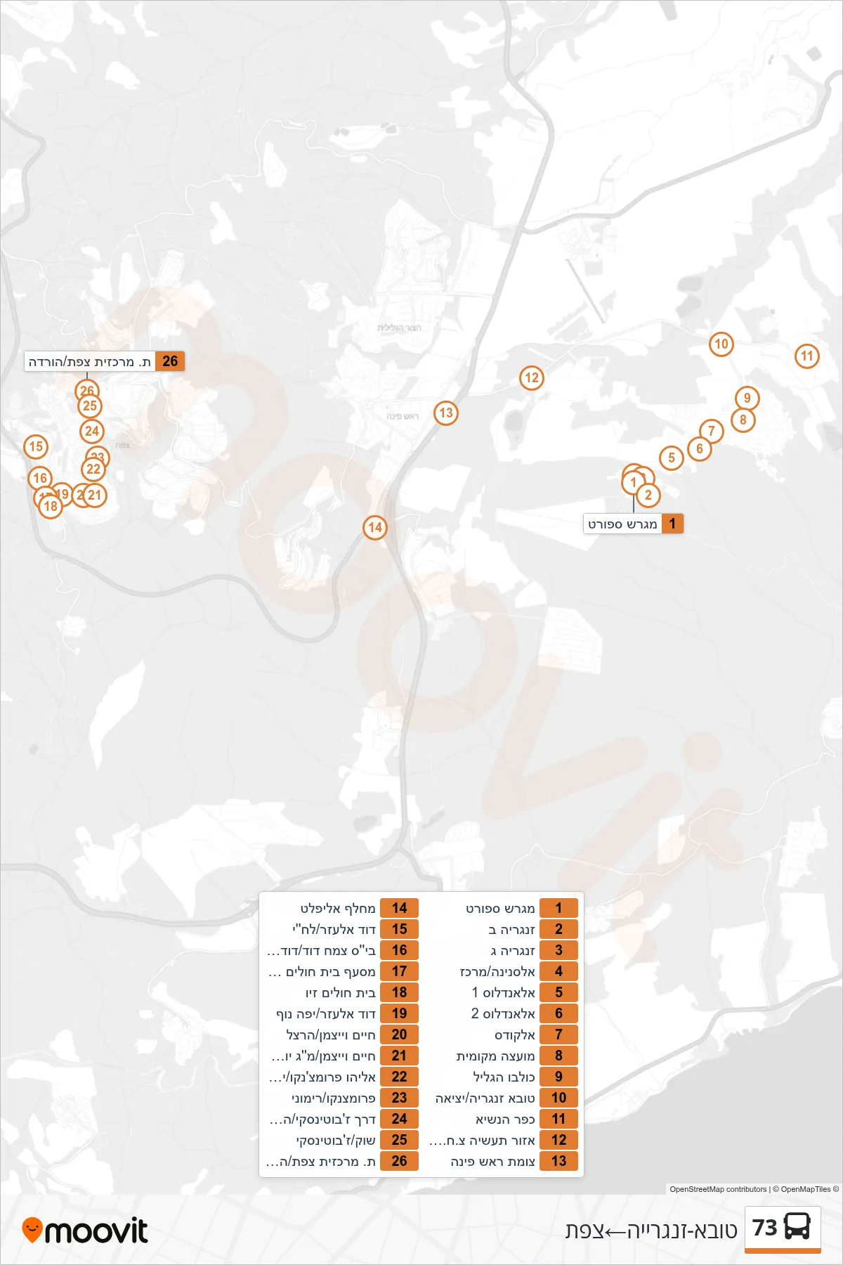 73 bus Line (Tuba-Zangariyye‎→Safed) route and stops on a map