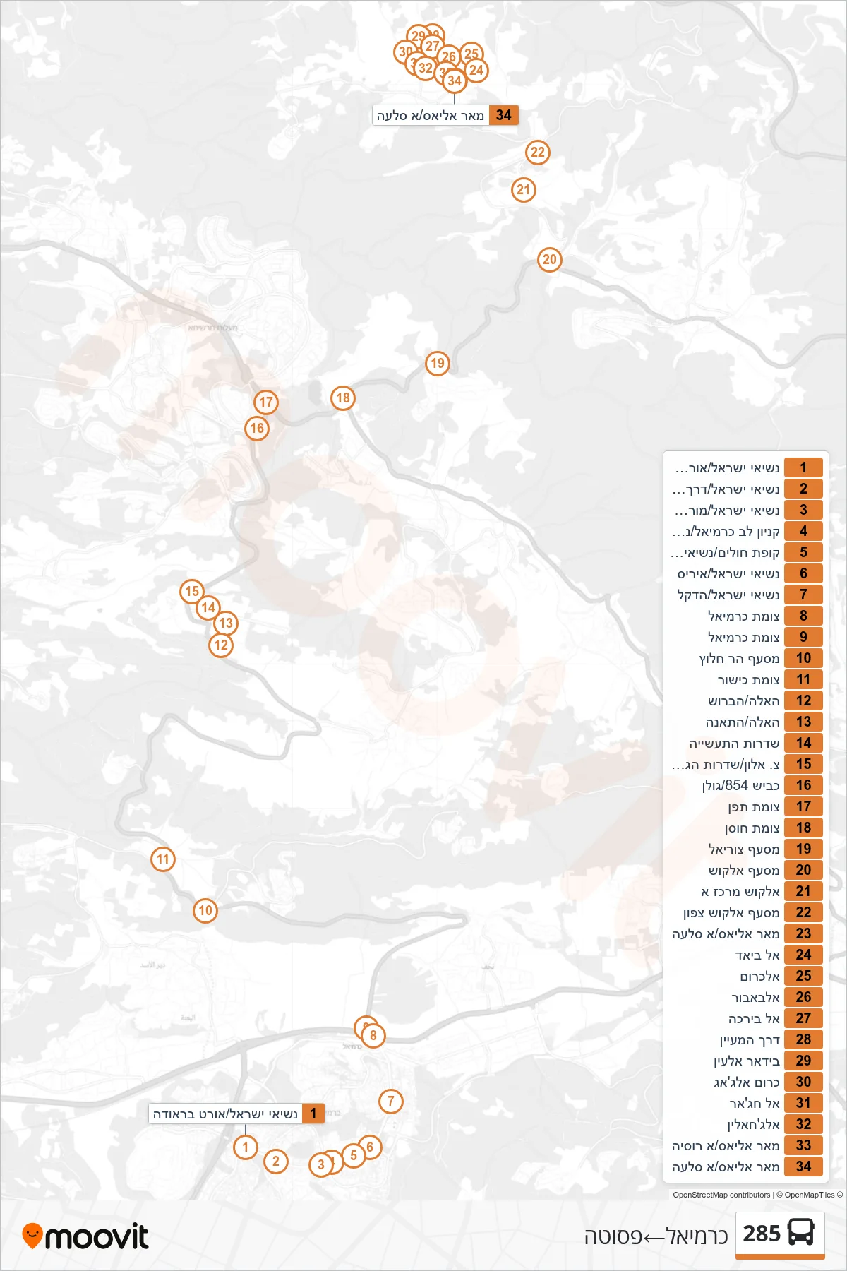 285  Line (Carmiel‎→Fasuta) route and stops on a map