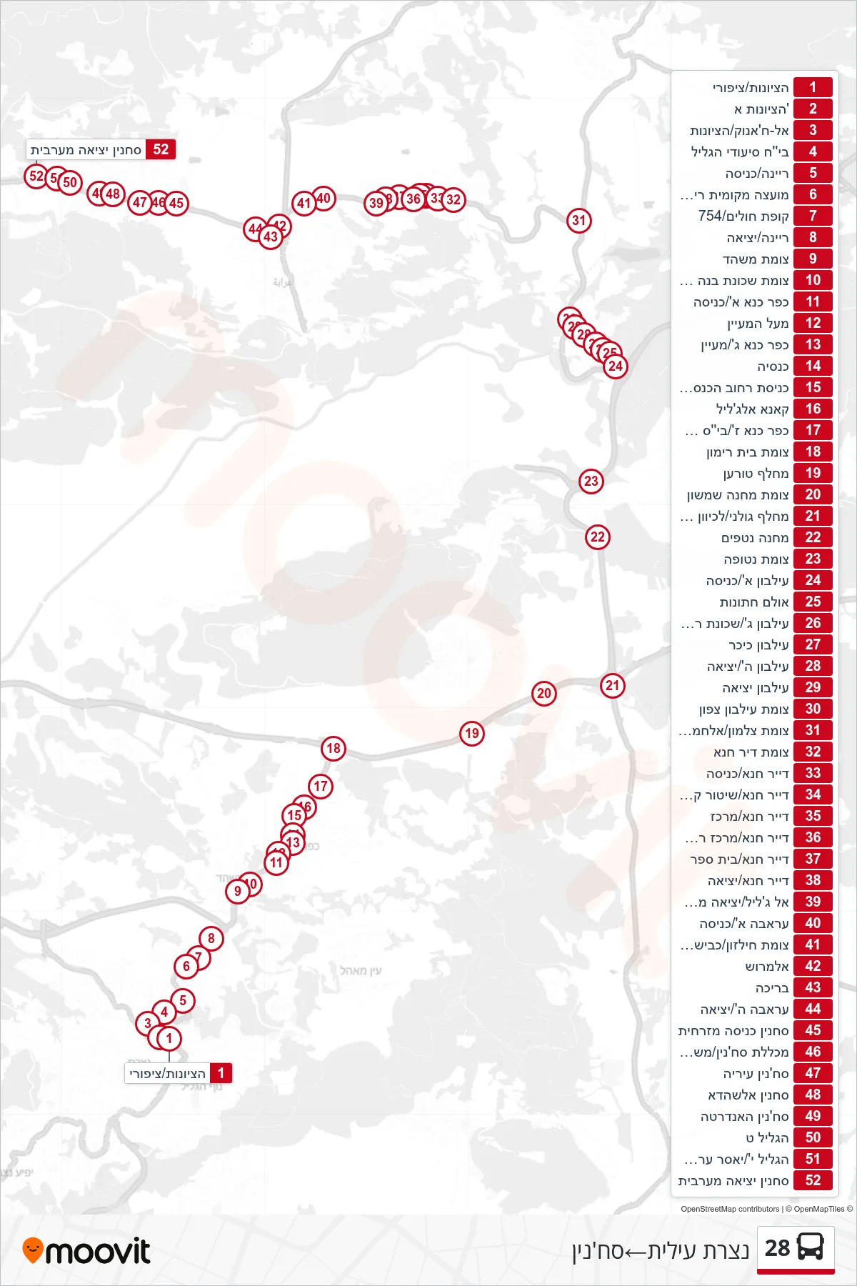 28 bus Line (Nazareth Illit→Sakhnin) route and stops on a map