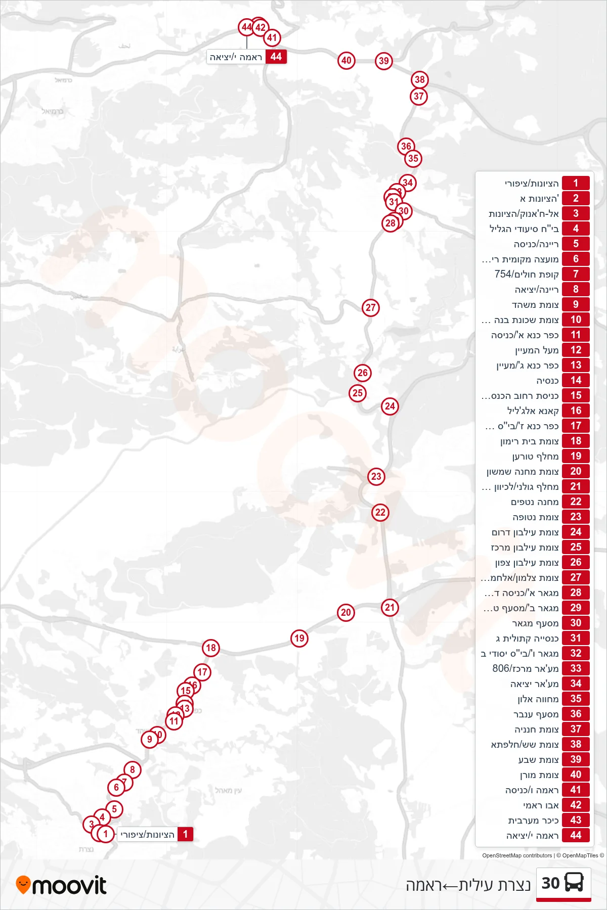 30 bus Line (Nazareth Illit‎→Rama) route and stops on a map
