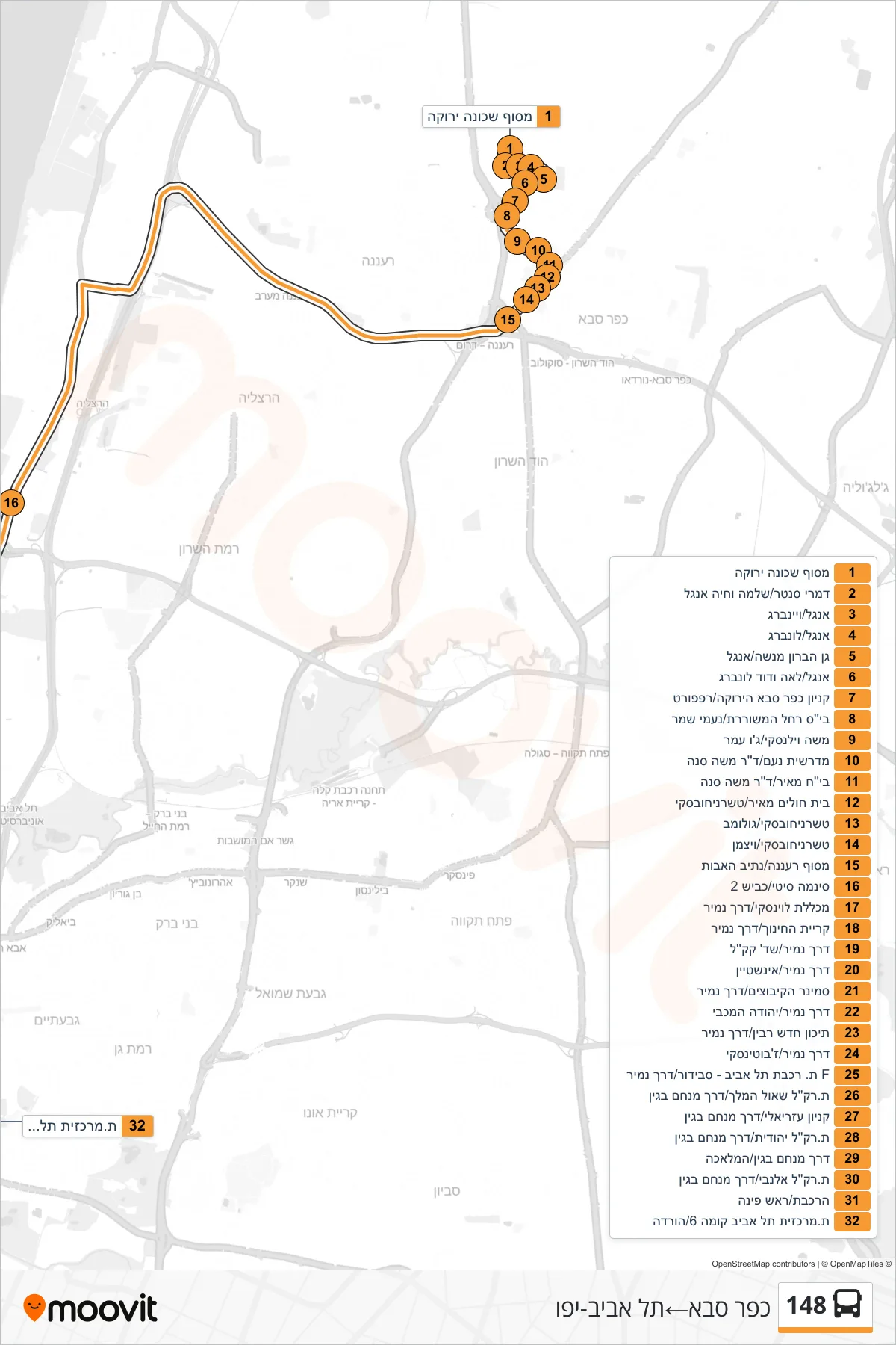 148 bus Line (Kfar Saba‎→Tel Aviv-Yafo) route and stops on a map