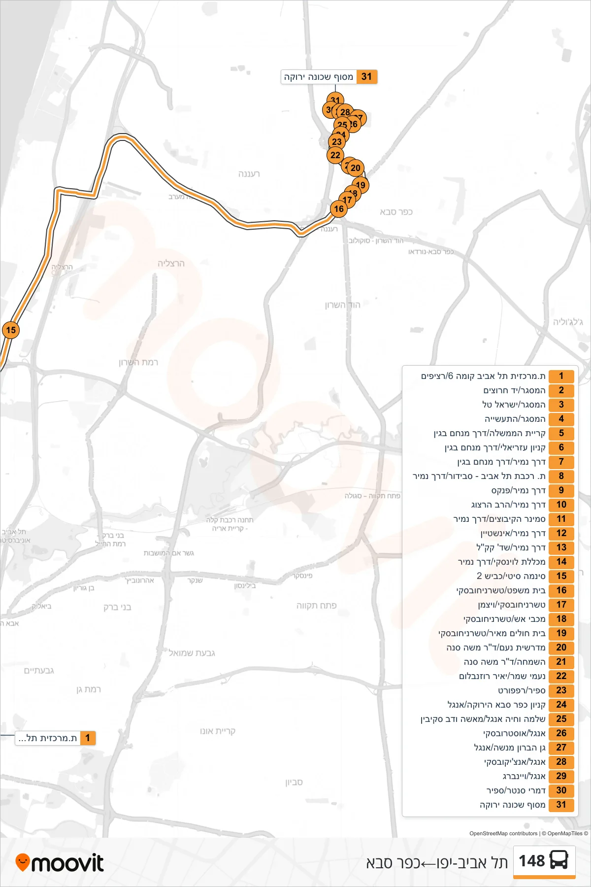 148 bus Line (Tel Aviv-Yafo→Kfar Saba) route and stops on a map
