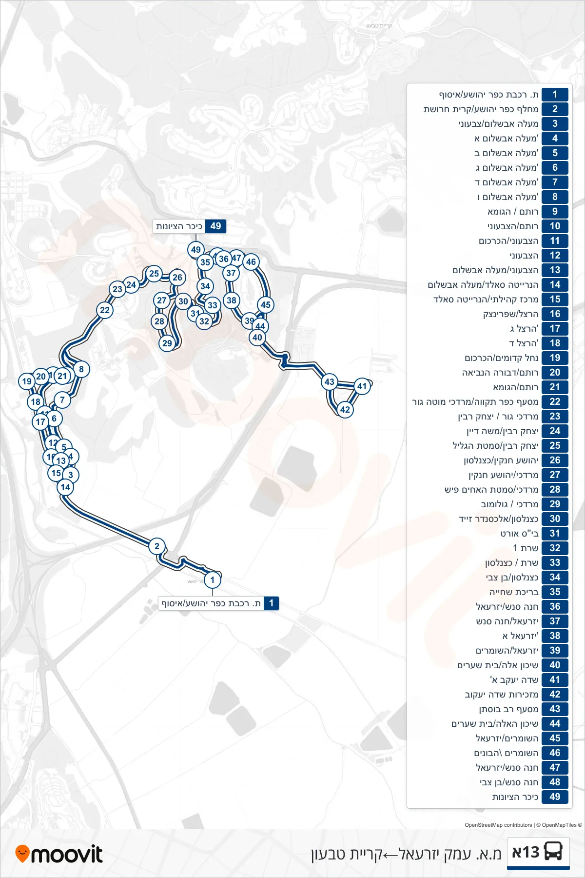13A bus Line (Jezreel Valley Regional Council→Kiryat Tivon) route and stops on a map