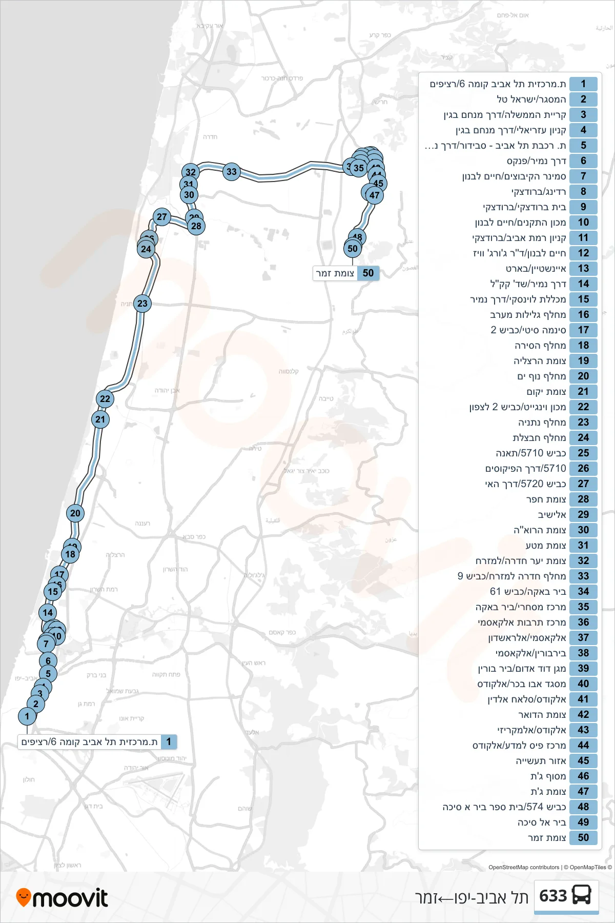 633 bus Line (Tel Aviv-Yafo‎→Zamar) route and stops on a map
