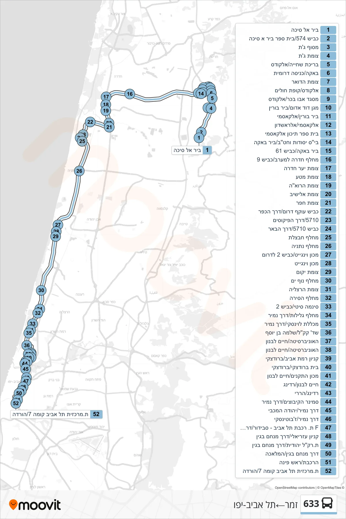 633 bus Line (Zamar‎→Tel Aviv-Yafo) route and stops on a map
