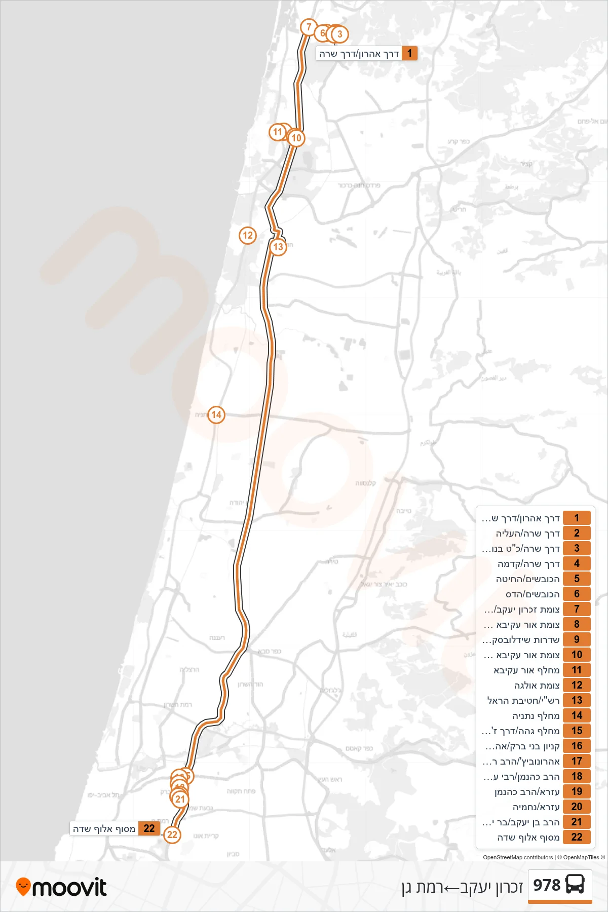 978 bus Line (Zikhron Ya'akov‎→Ramat Gan) route and stops on a map