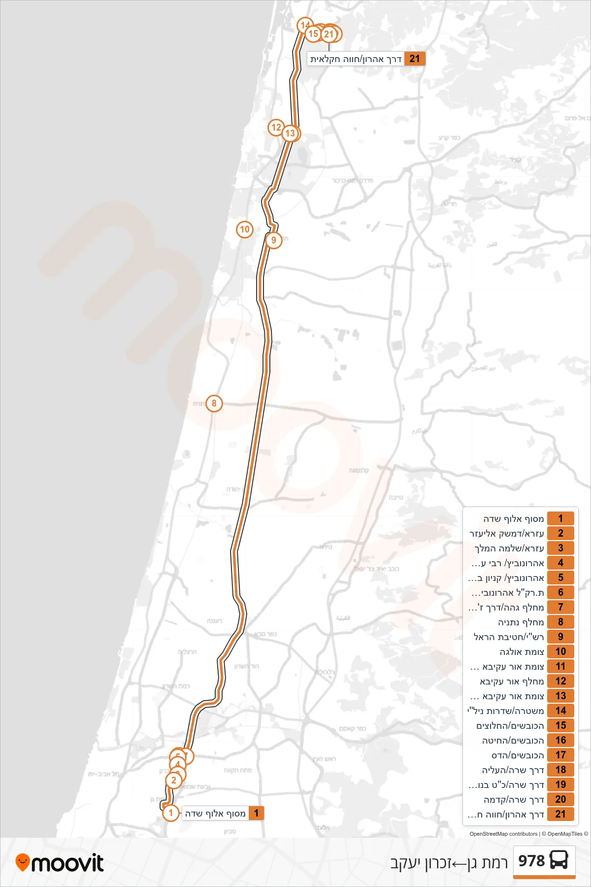 978 bus Line (Ramat Gan‎→Zikhron Ya'akov) route and stops on a map