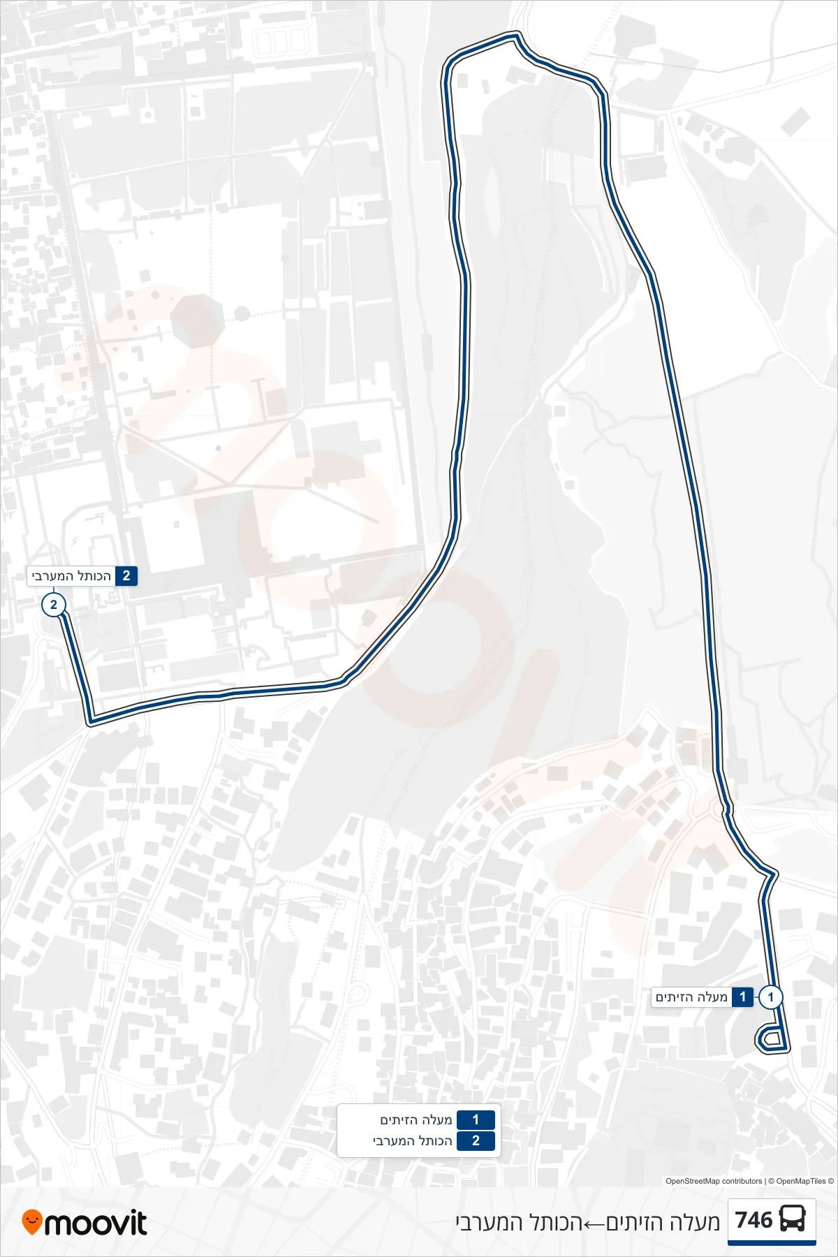746 bus Line (Ma'ale HaZeitim‎→Western Wall) route and stops on a map
