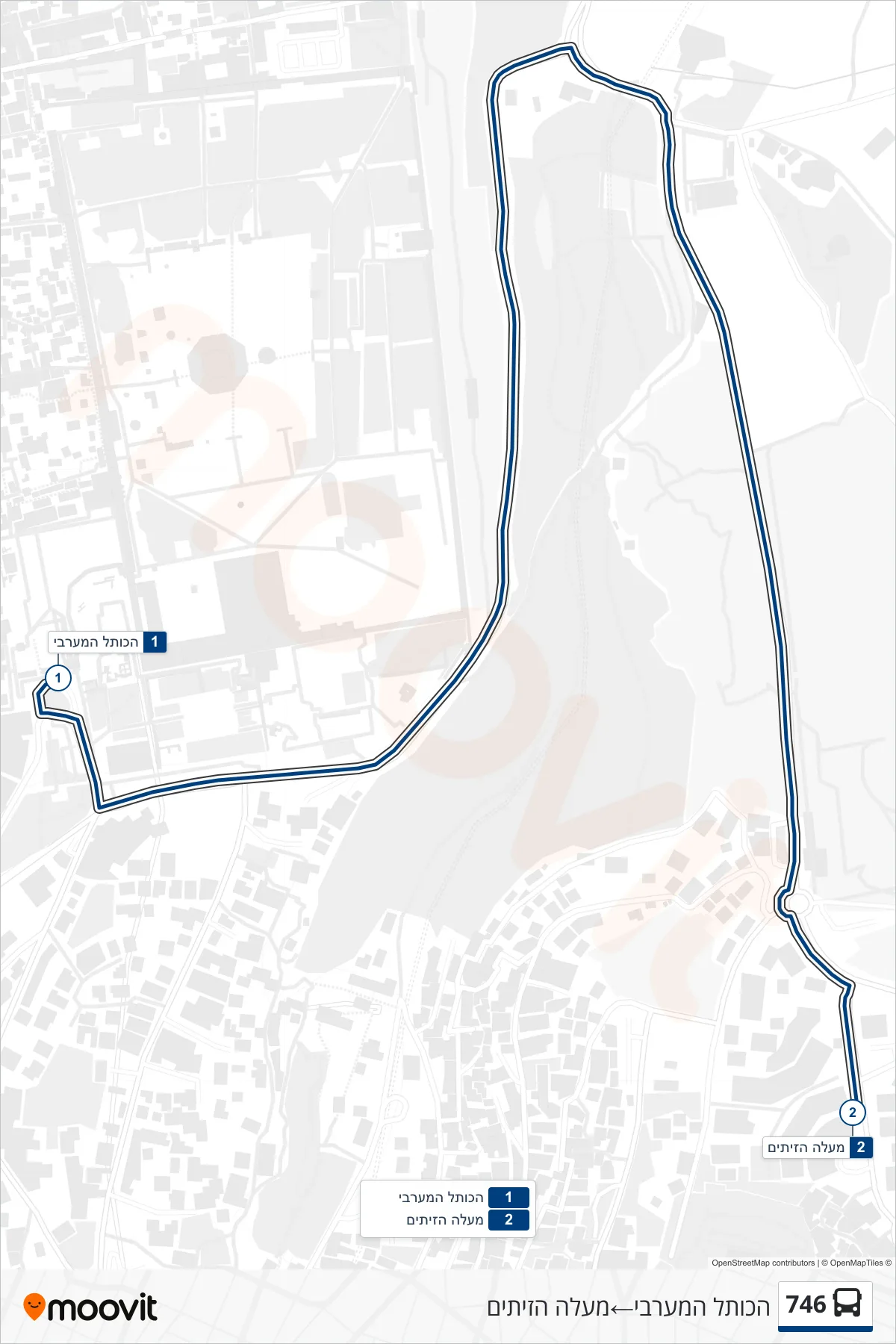 746 bus Line (Western Wall‎→Ma'ale HaZeitim) route and stops on a map