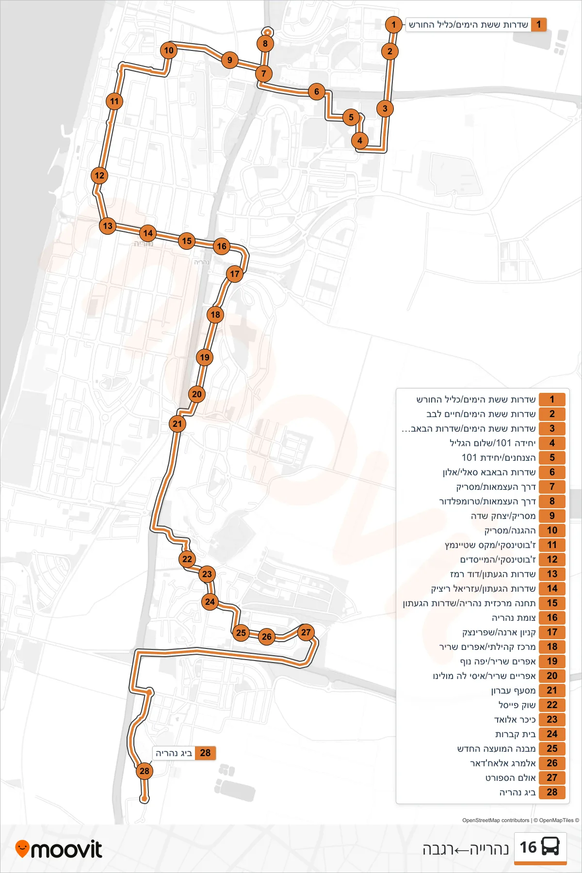 16 bus Line (Nahariya→Regba) route and stops on a map
