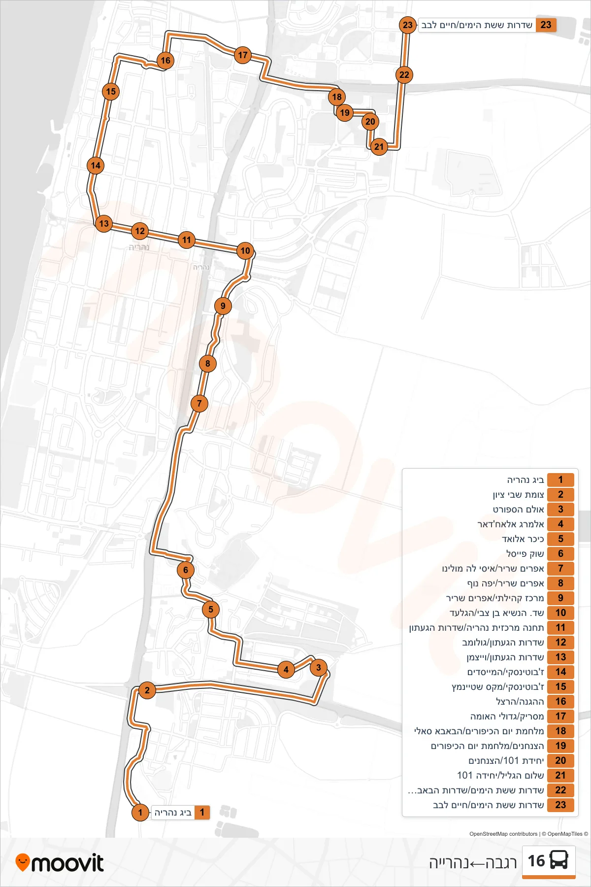 16 bus Line (Regba→Nahariya) route and stops on a map