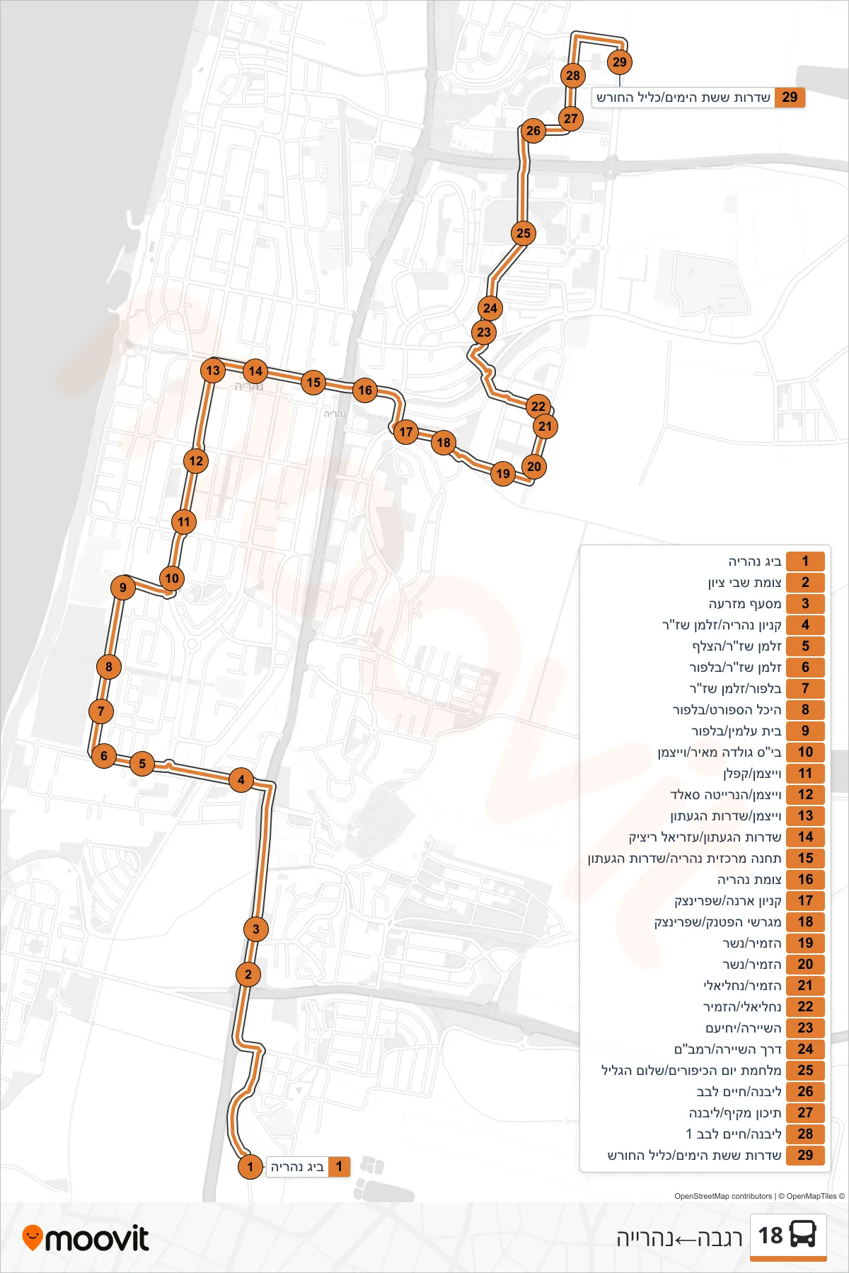 18  Line (Regba‎→Nahariya) route and stops on a map
