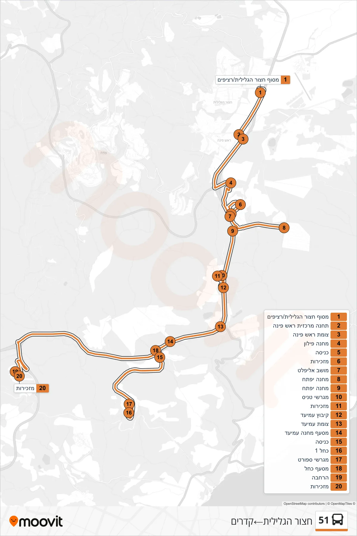 51  Line (Hatzor HaGlilit‎→Kadrim) route and stops on a map