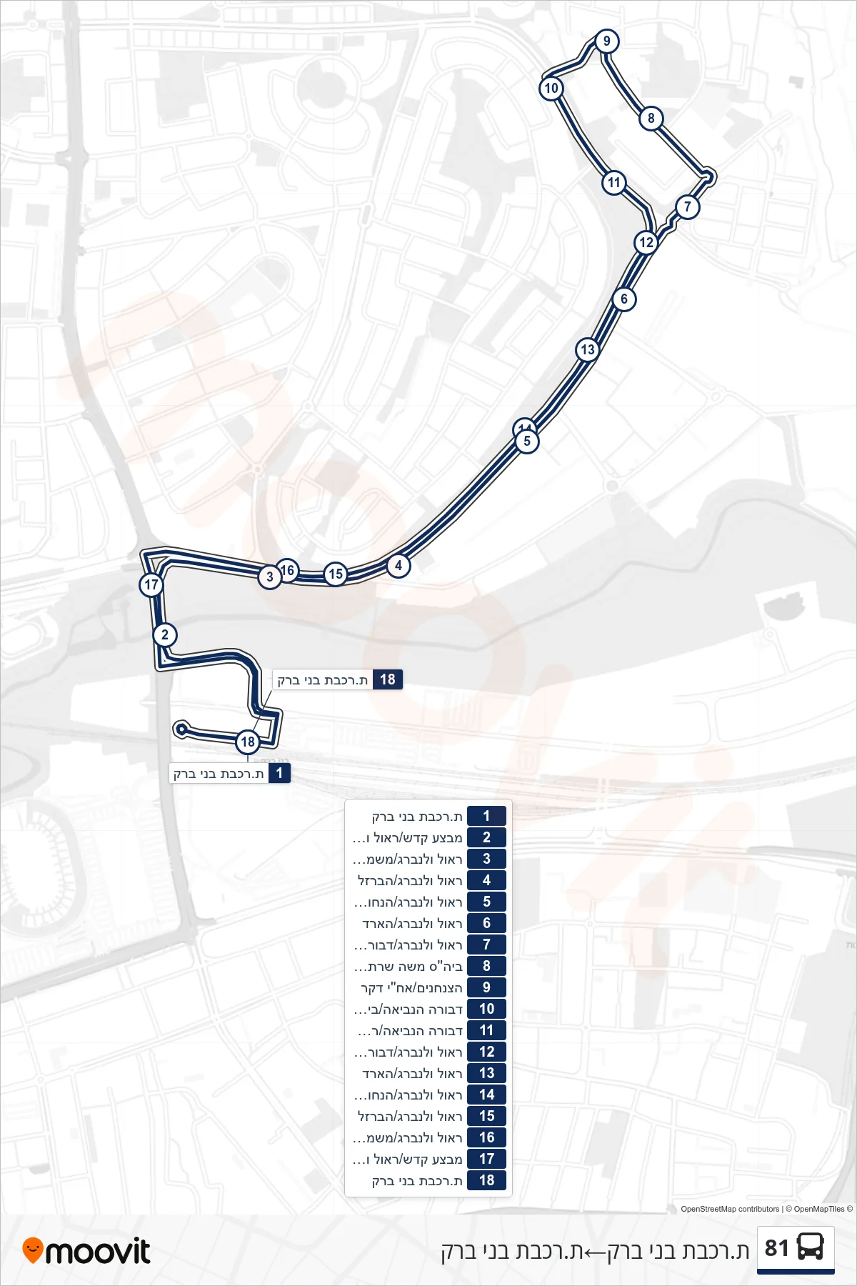 81 bus Line (Bnei Brak Railway Station‎→Bnei Brak Railway Station) route and stops on a map