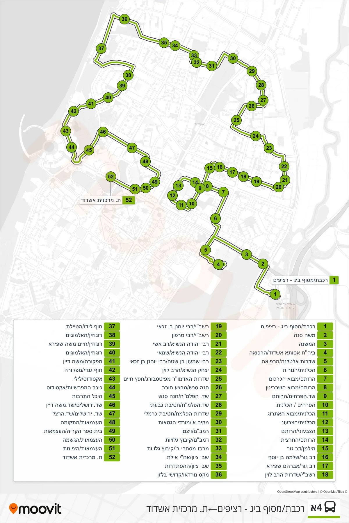 4A bus Line (Railway/Big Terminal - Platforms→Ashdod Central Station) route and stops on a map