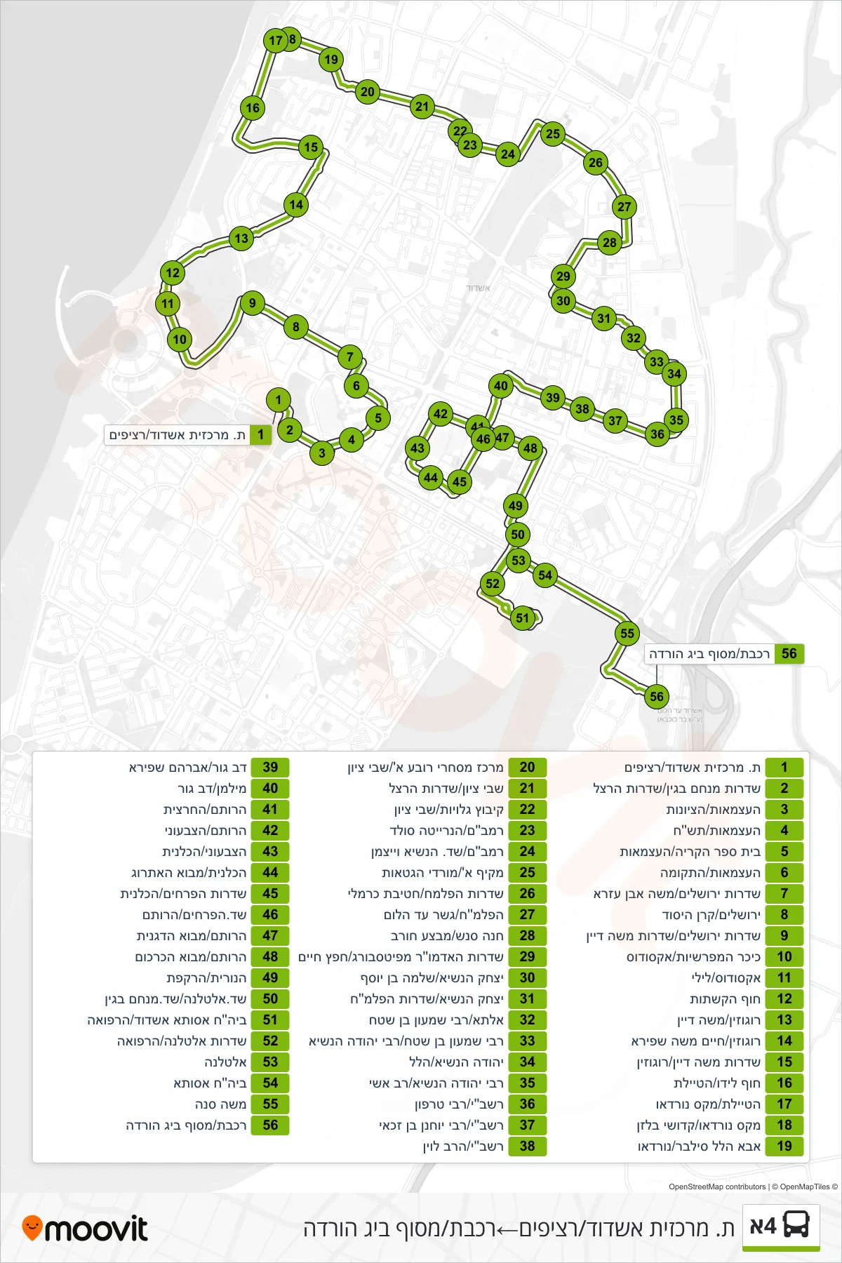 4A bus Line (Ashdod Central Station/Platforms‎→רכבת/מסוף ביג הורדה) route and stops on a map