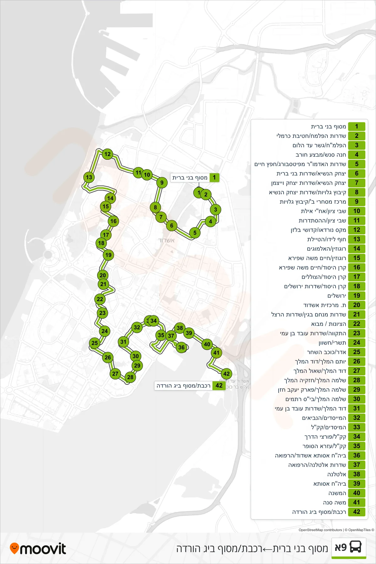 9A bus Line (Bnei Brit Terminal→רכבת/מסוף ביג הורדה) route and stops on a map