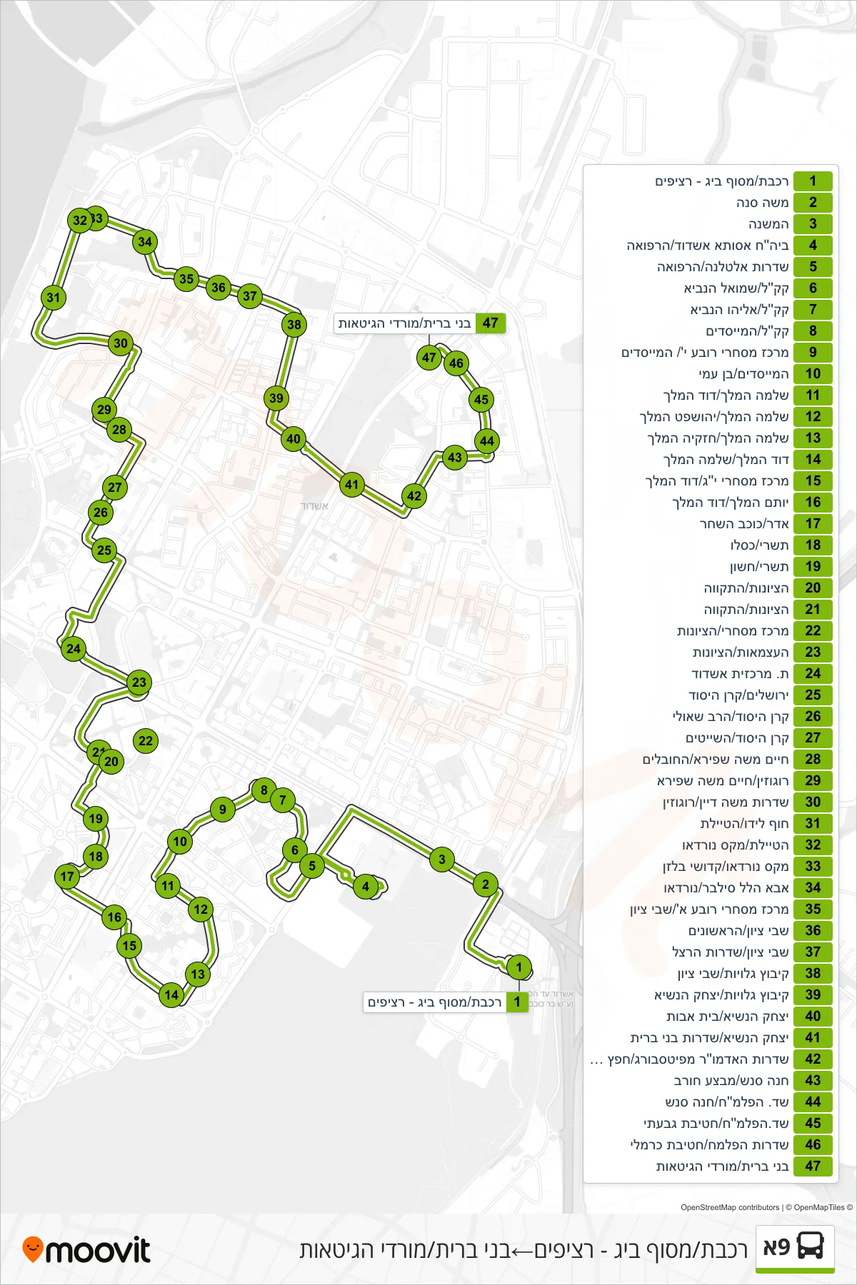 9A bus Line (Railway/Big Terminal - Platforms‎→Bnei Brit/Mordei HaGetaot) route and stops on a map