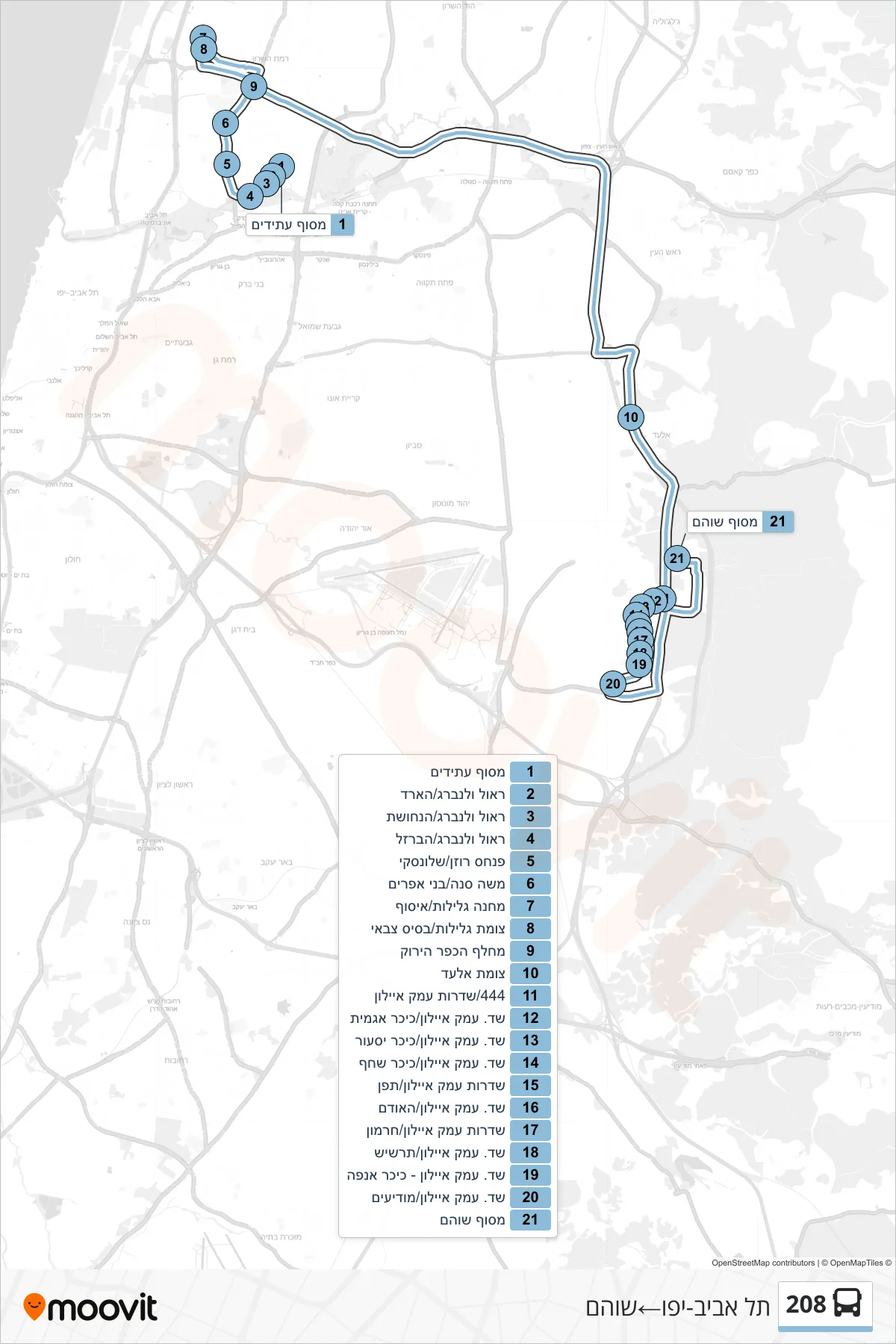 208 bus Line (Tel Aviv-Yafo‎→Shoham) route and stops on a map