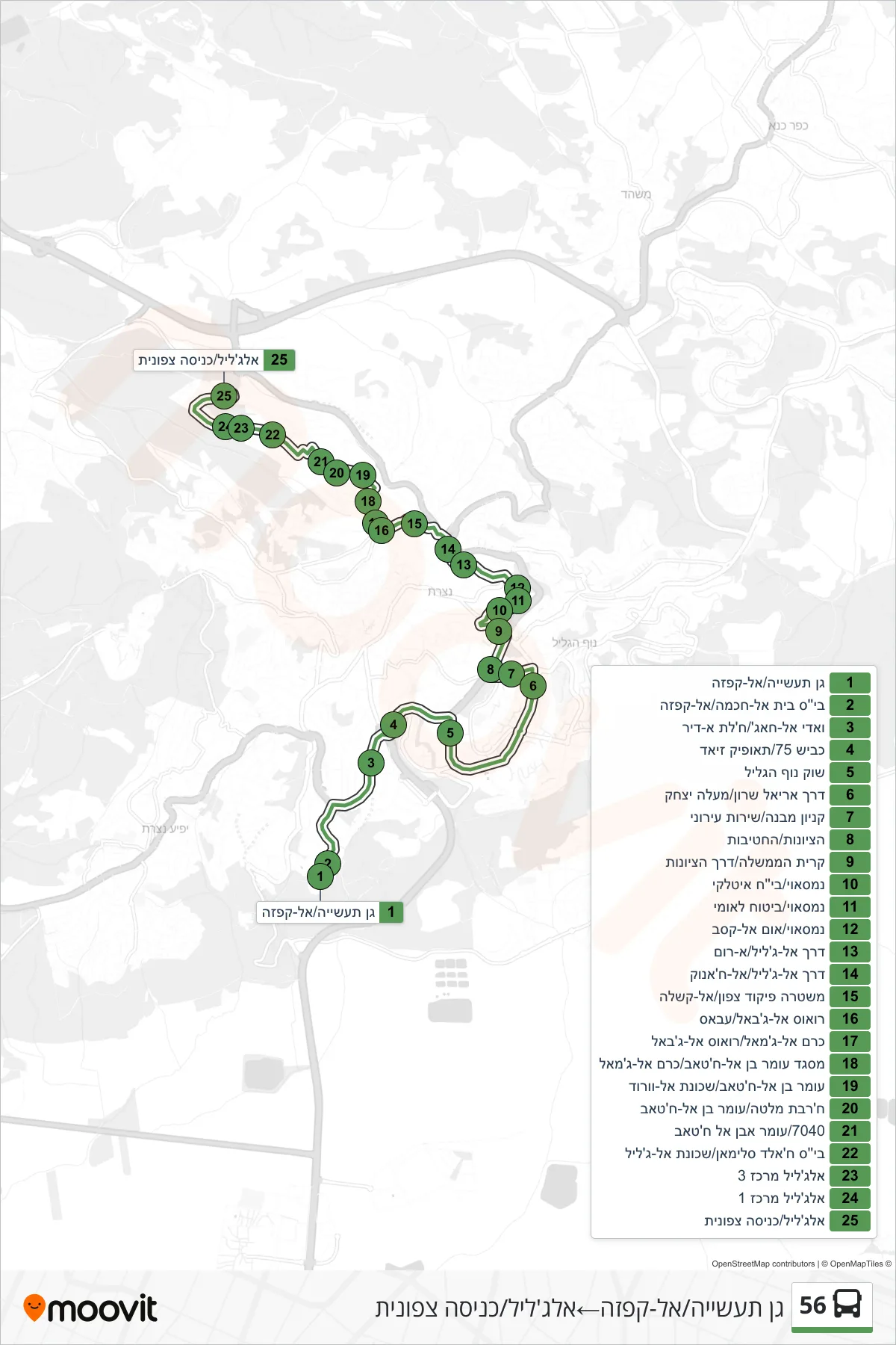 56 bus Line (Industrial Park/Al-Qafzeh‎→Al-Jalil/North Entrance) route and stops on a map
