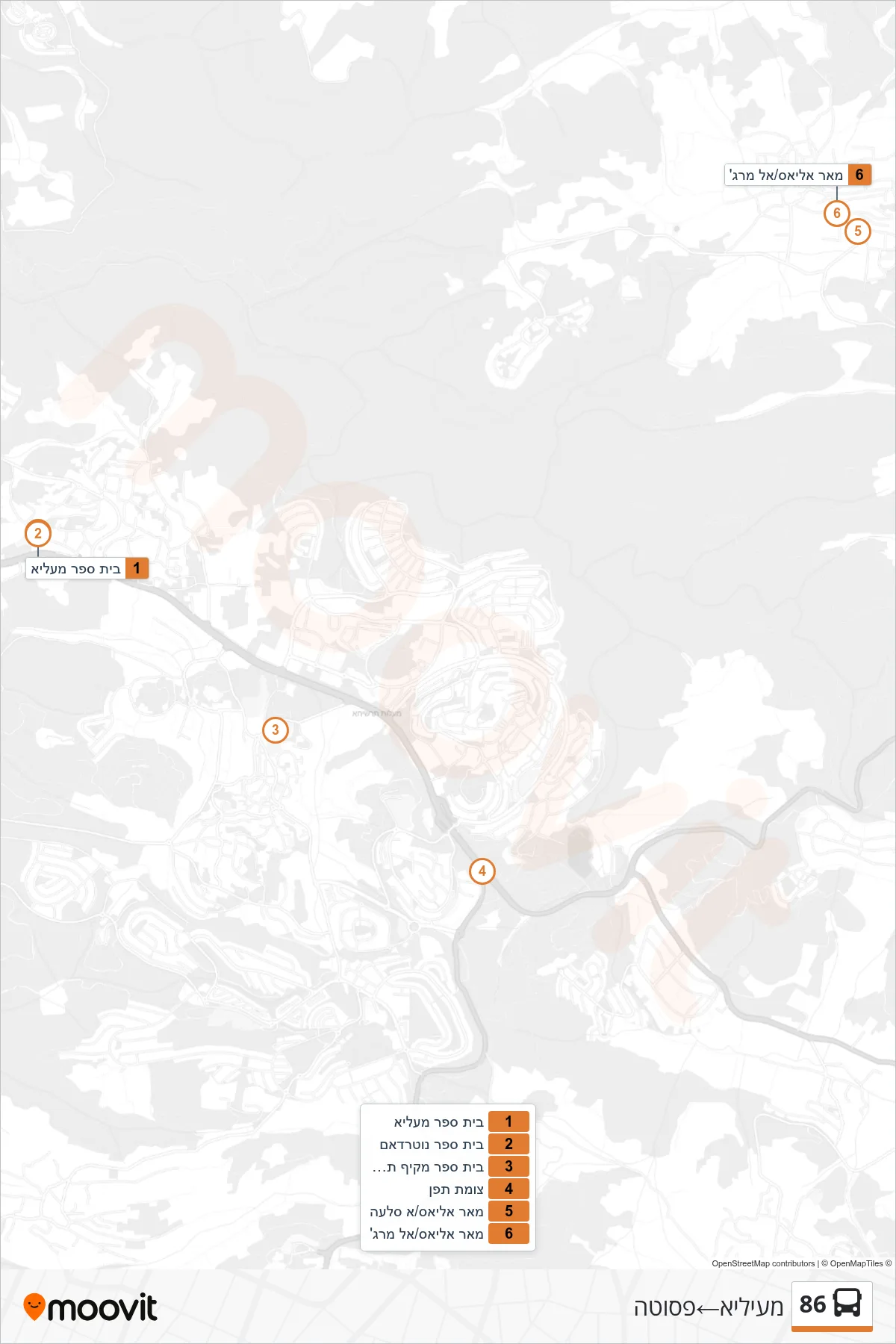 86 bus Line (Mi'ilya‎→Fasuta) route and stops on a map
