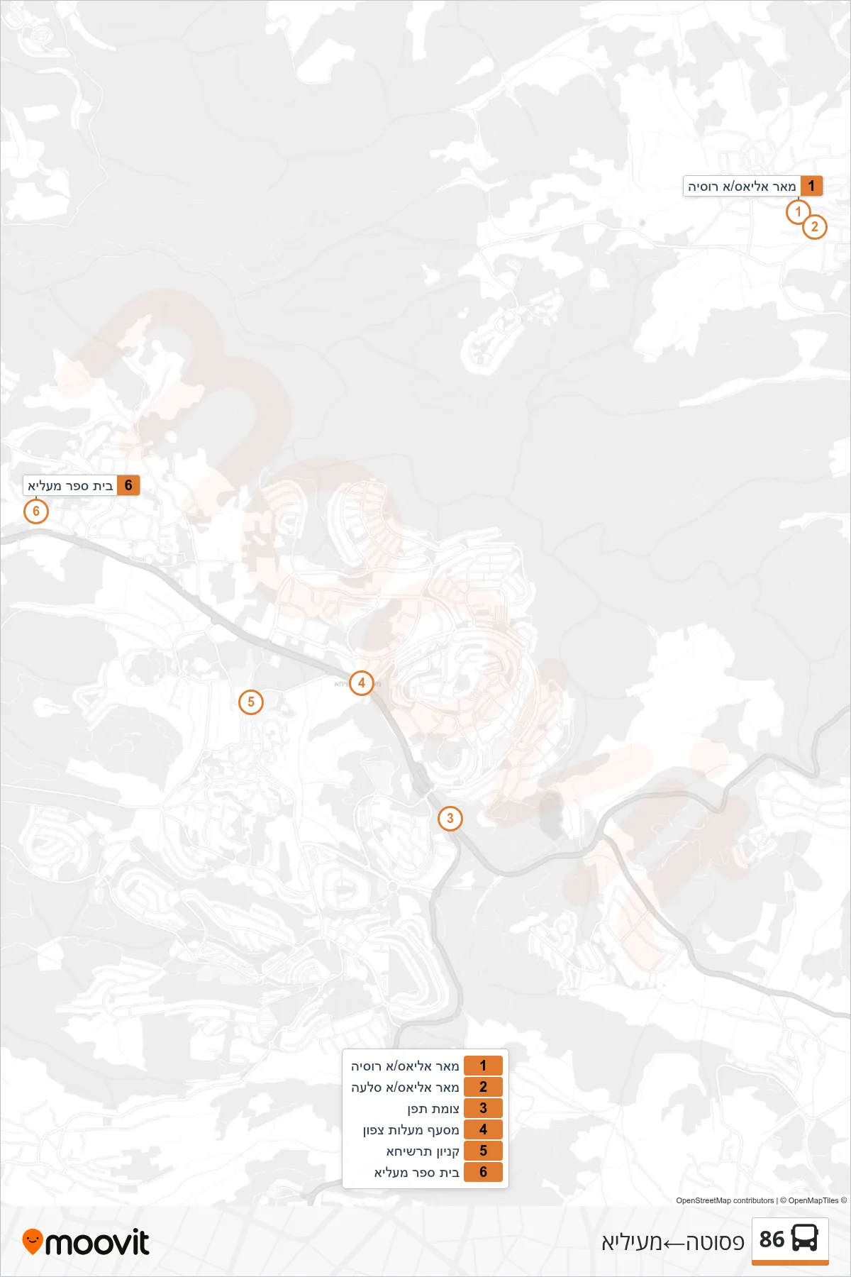 86 bus Line (Fasuta‎→Mi'ilya) route and stops on a map