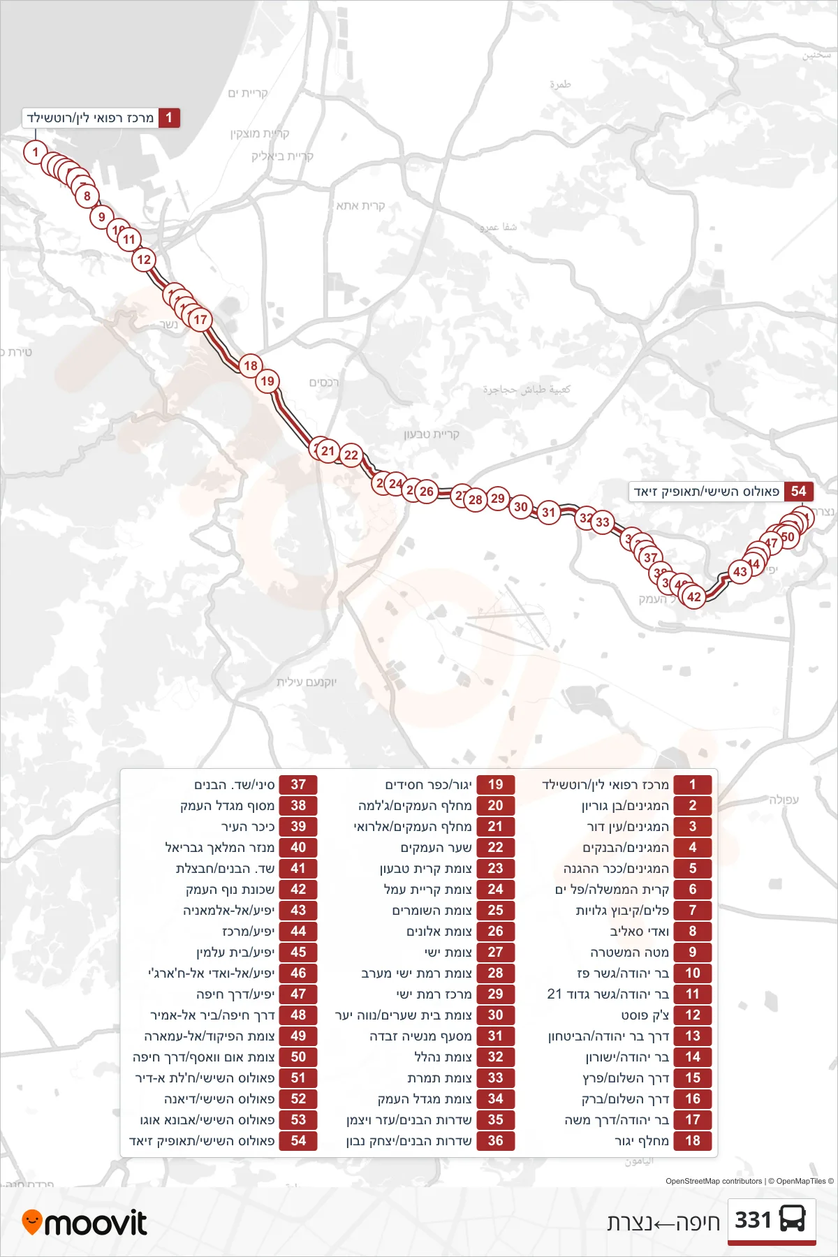 331 bus Line (Haifa‎→Nazareth) route and stops on a map