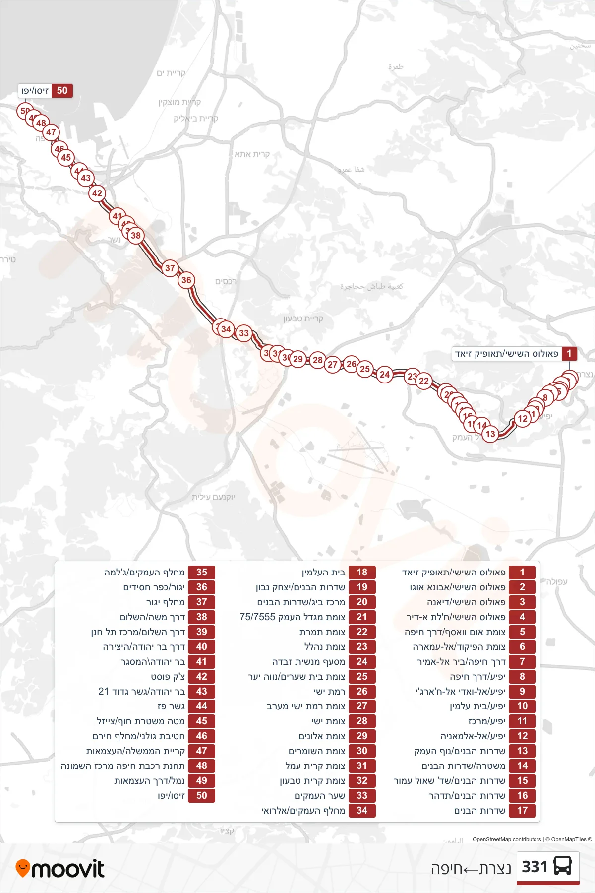 331 bus Line (Nazareth‎→Haifa) route and stops on a map