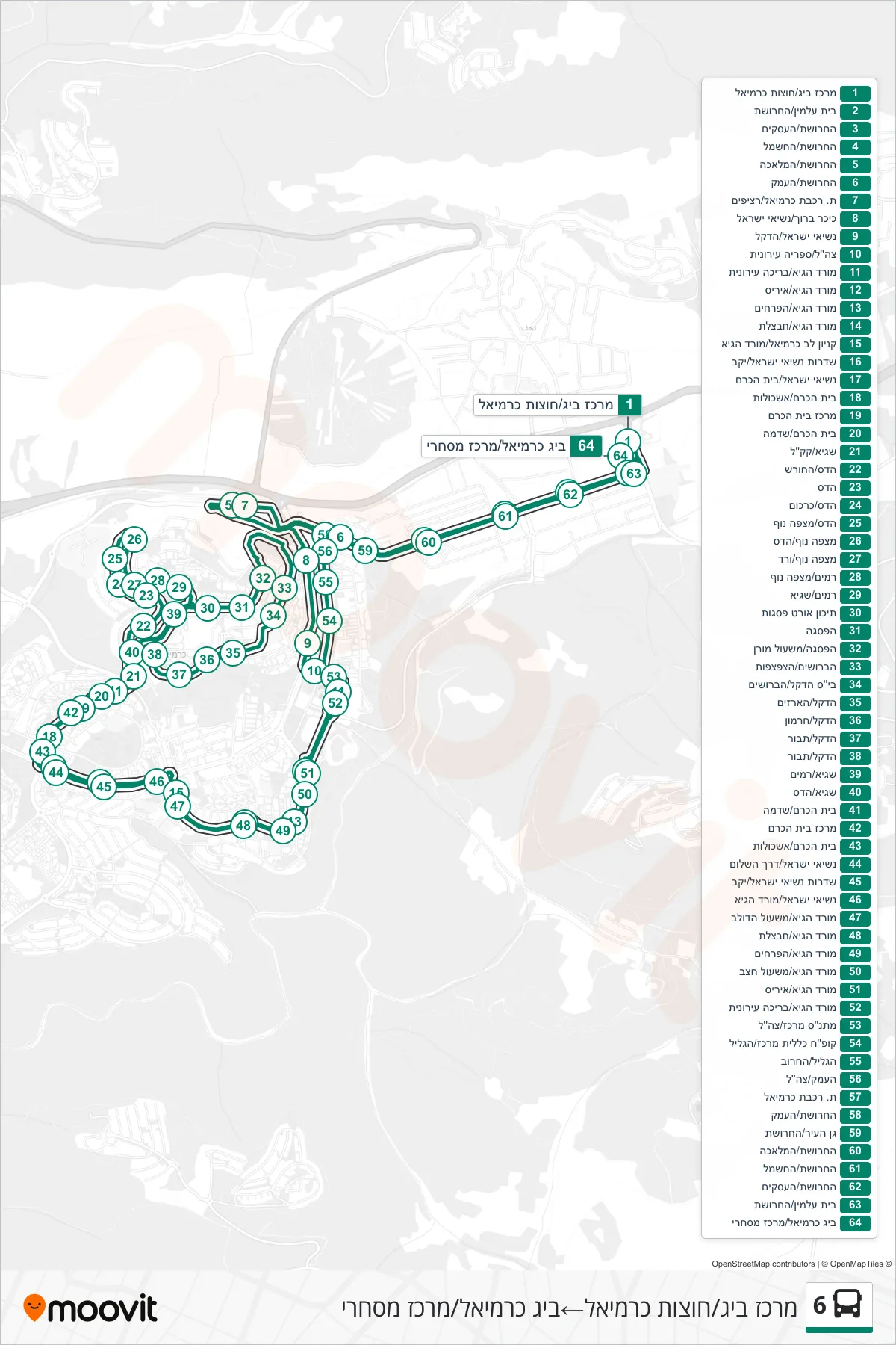 6 bus Line (מרכז ביג/חוצות כרמיאל‎→Big Carmiel Shopping Center) route and stops on a map