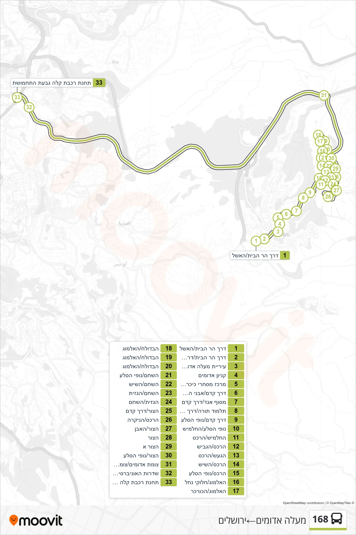 168 bus Line (Ma'ale Adumim‎→Jerusalem) route and stops on a map