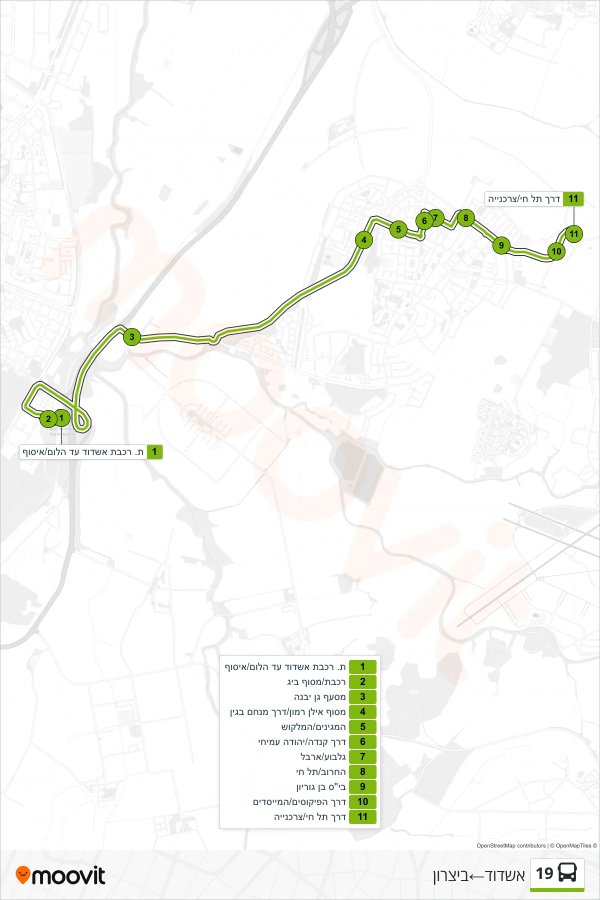 19 bus Line (Ashdod→Bitzaron) route and stops on a map