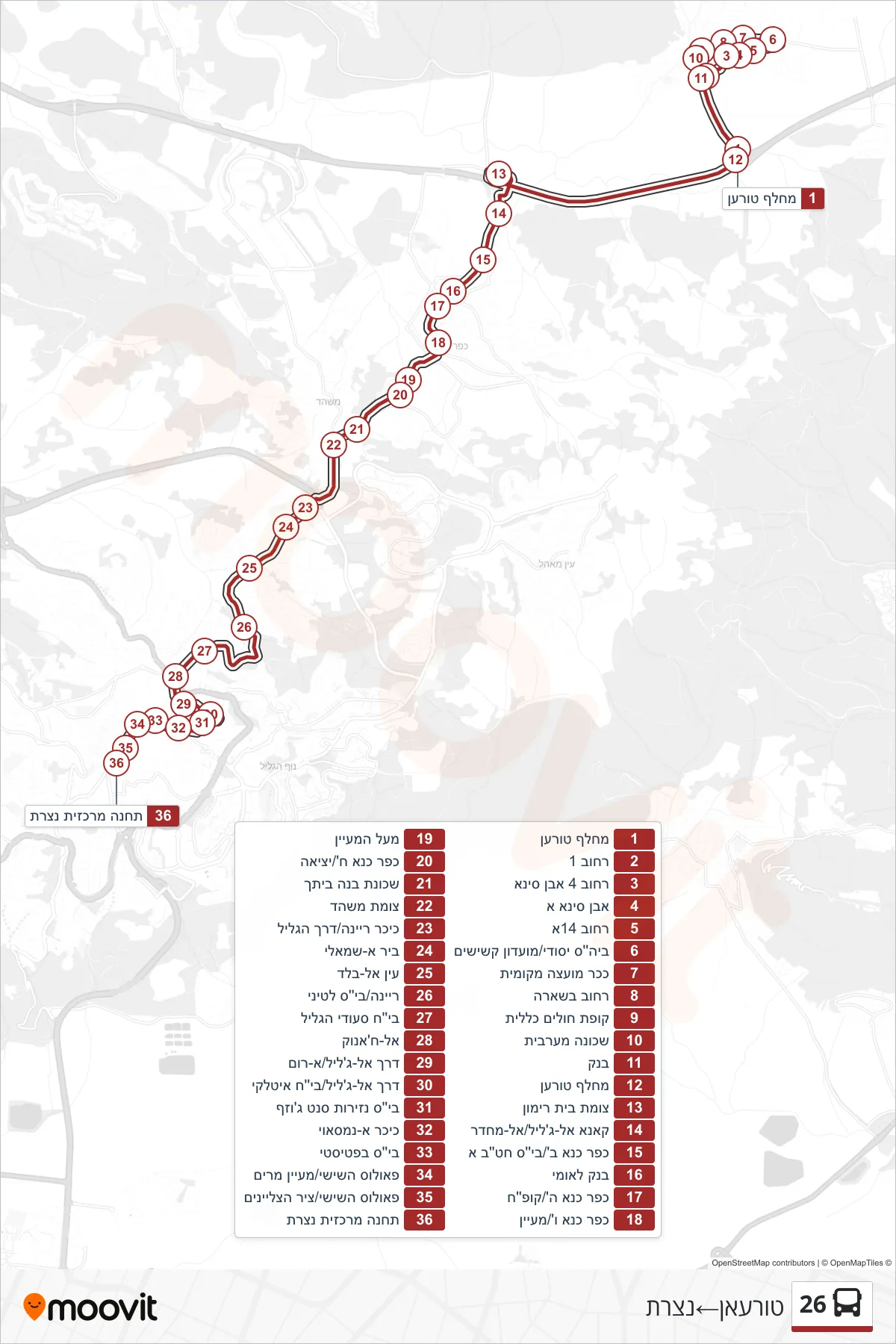26  Line (Tur'an‎→Nazareth) route and stops on a map