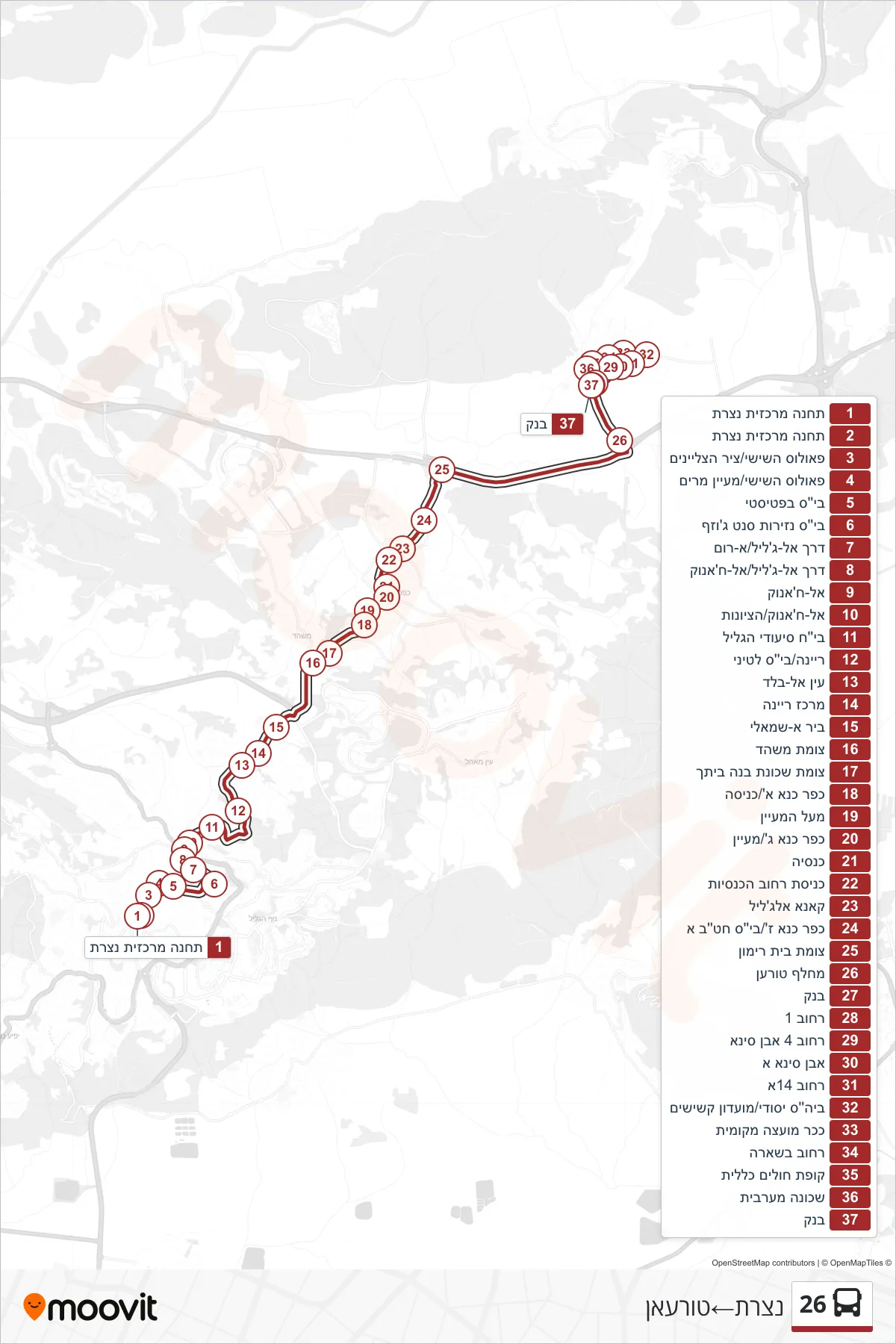 26 bus Line (Nazareth‎→Tur'an) route and stops on a map