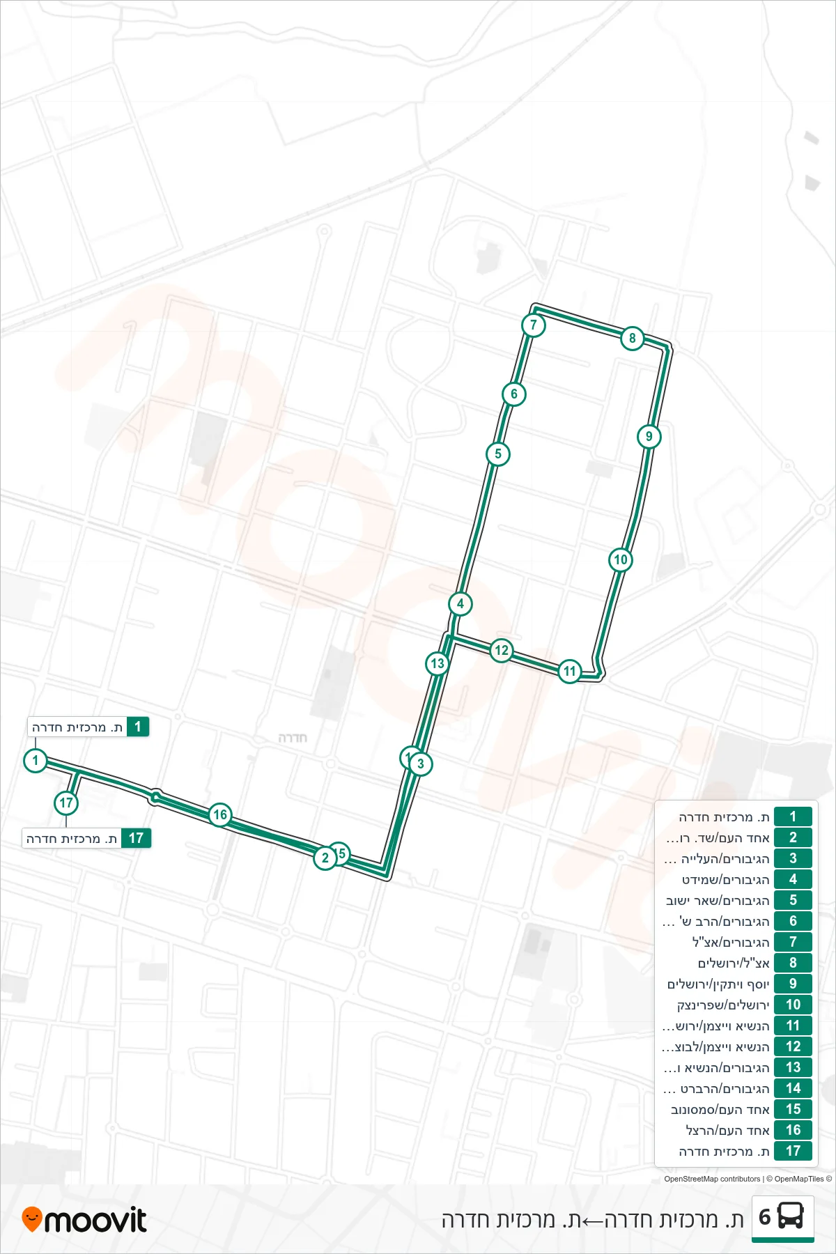 6 bus Line (Hadera Central Station‎→Hadera Central Station) route and stops on a map