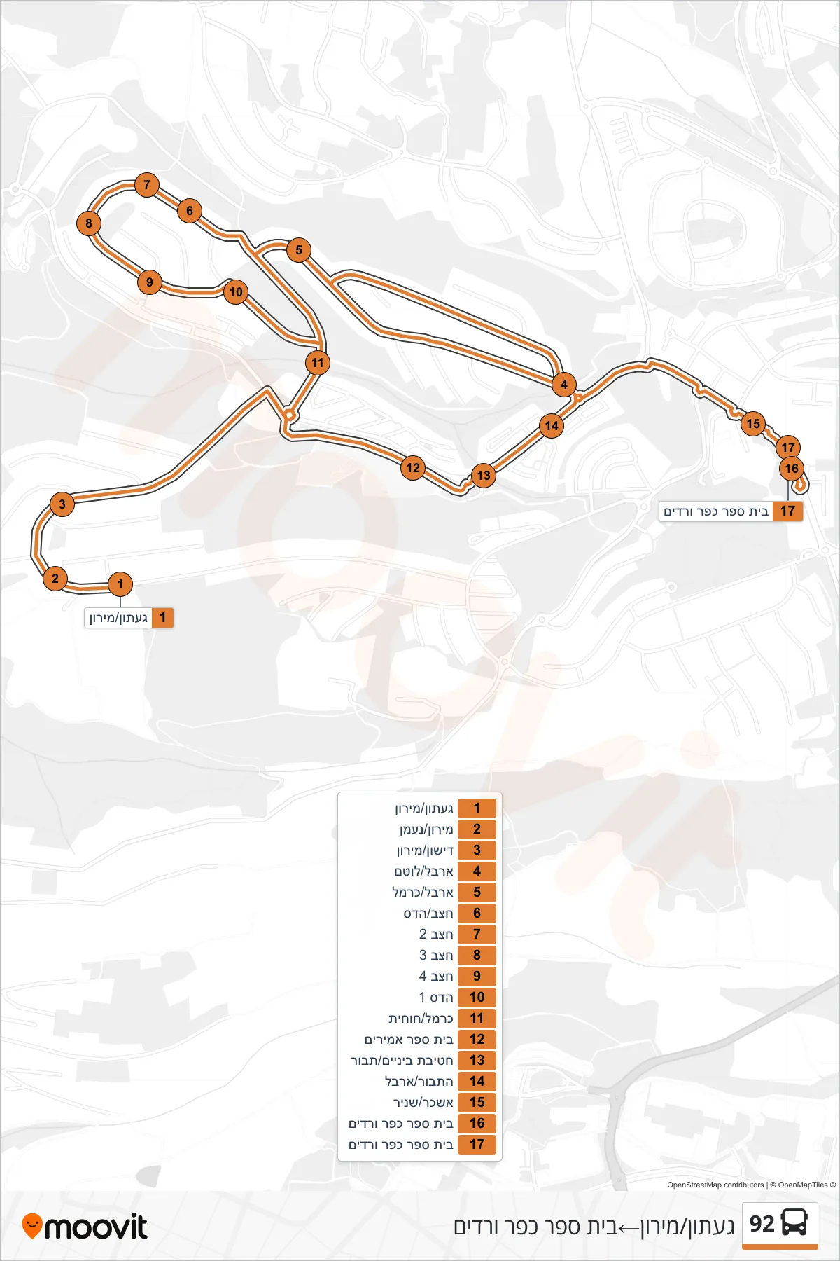 92  Line (Ga'aton/Meron‎→Kfar Vradim School) route and stops on a map