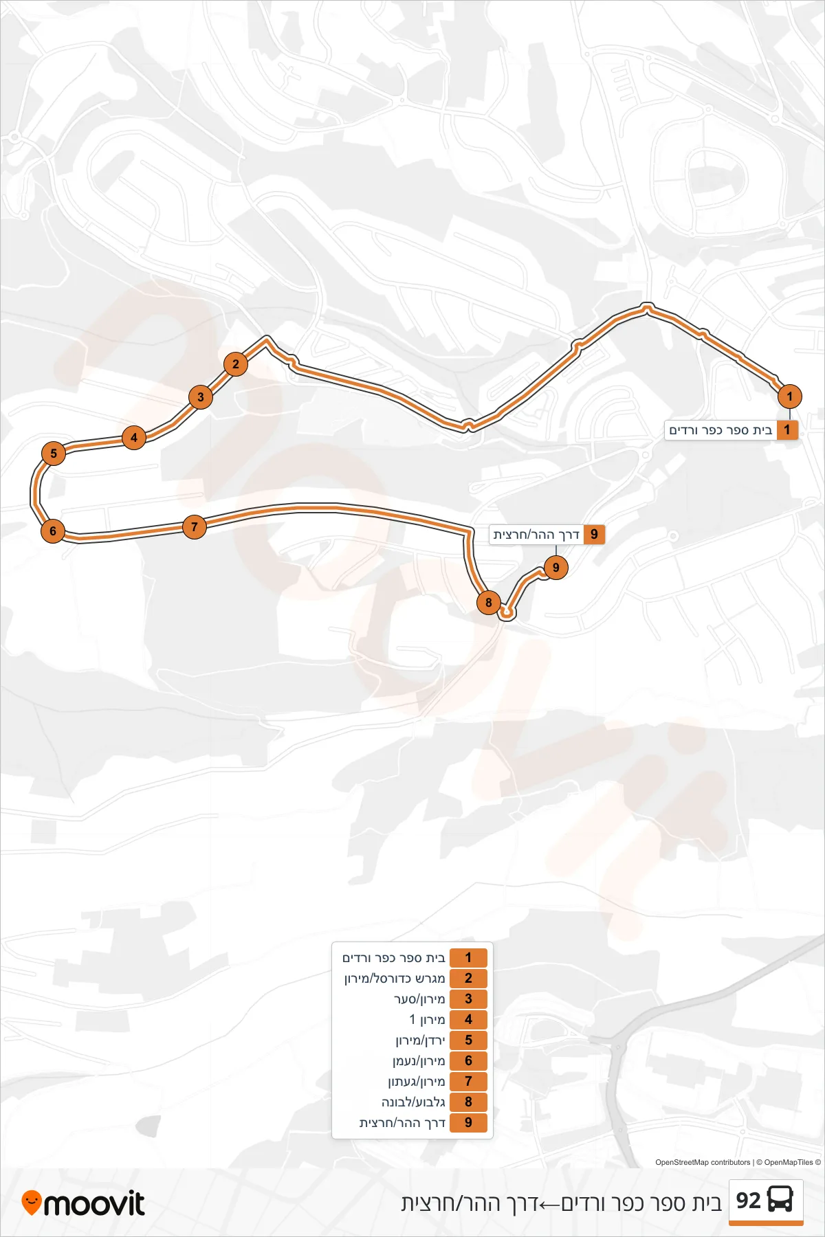 92 bus Line (Kfar Vradim School‎→Mountain Road/Chrysanthemum) route and stops on a map