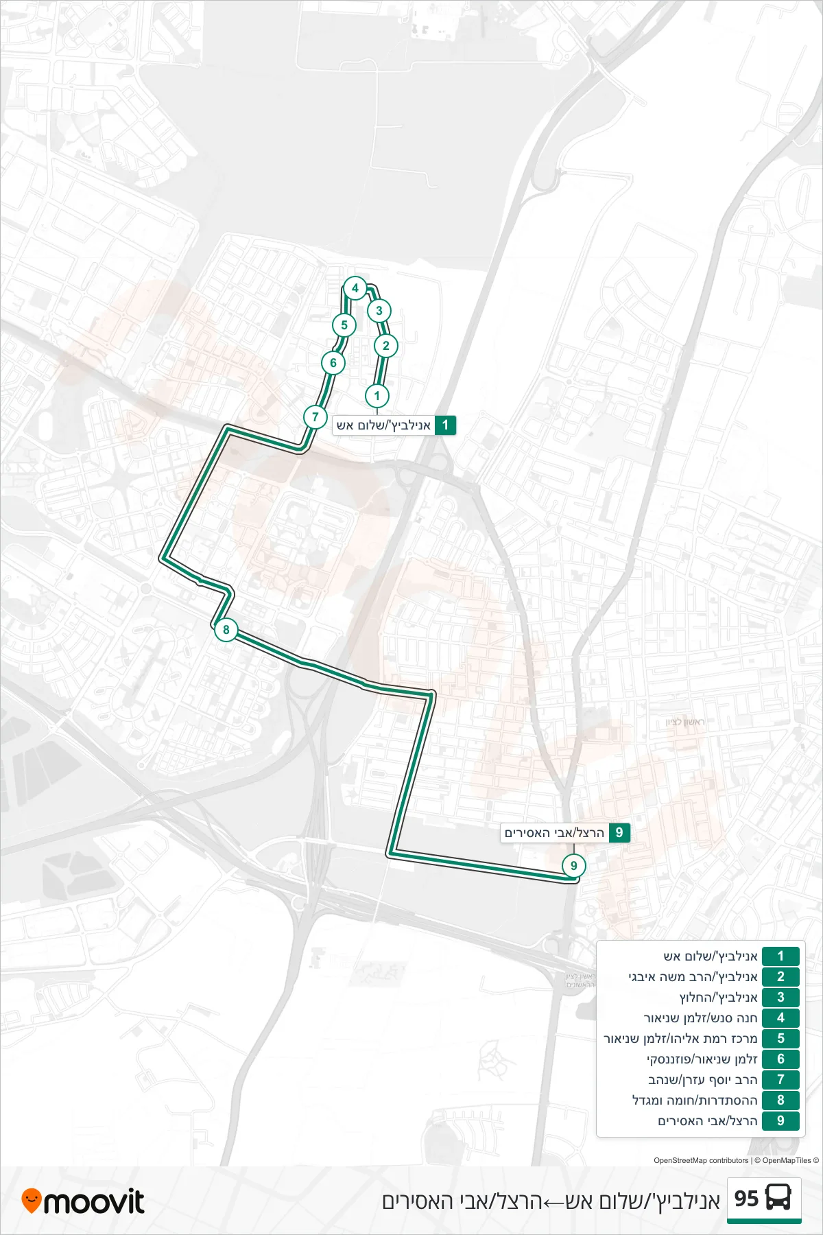 95 bus Line (Anilewich/Shalom Ash‎→Herzl/Avi HaAsirim) route and stops on a map