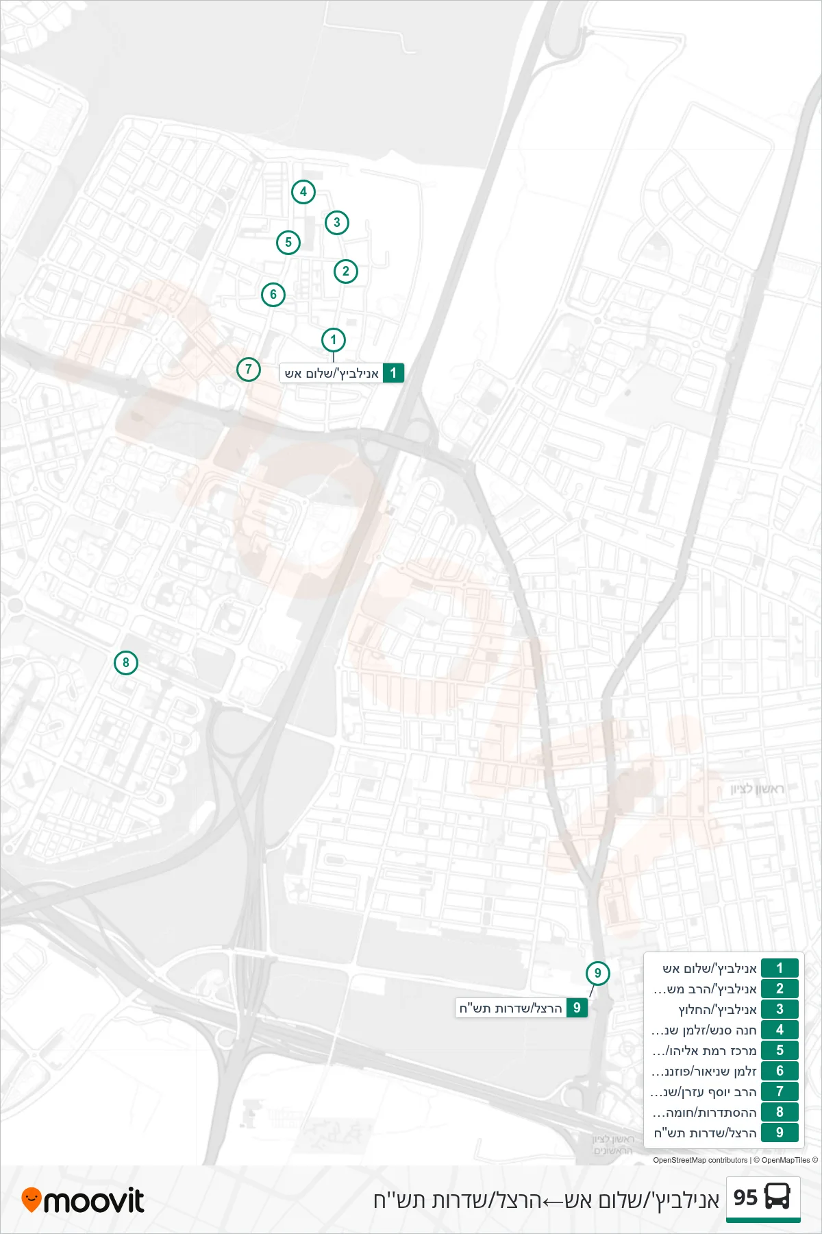 95  Line (Anilewich/Shalom Ash‎→Herzl/Tash'ch Boulevard) route and stops on a map
