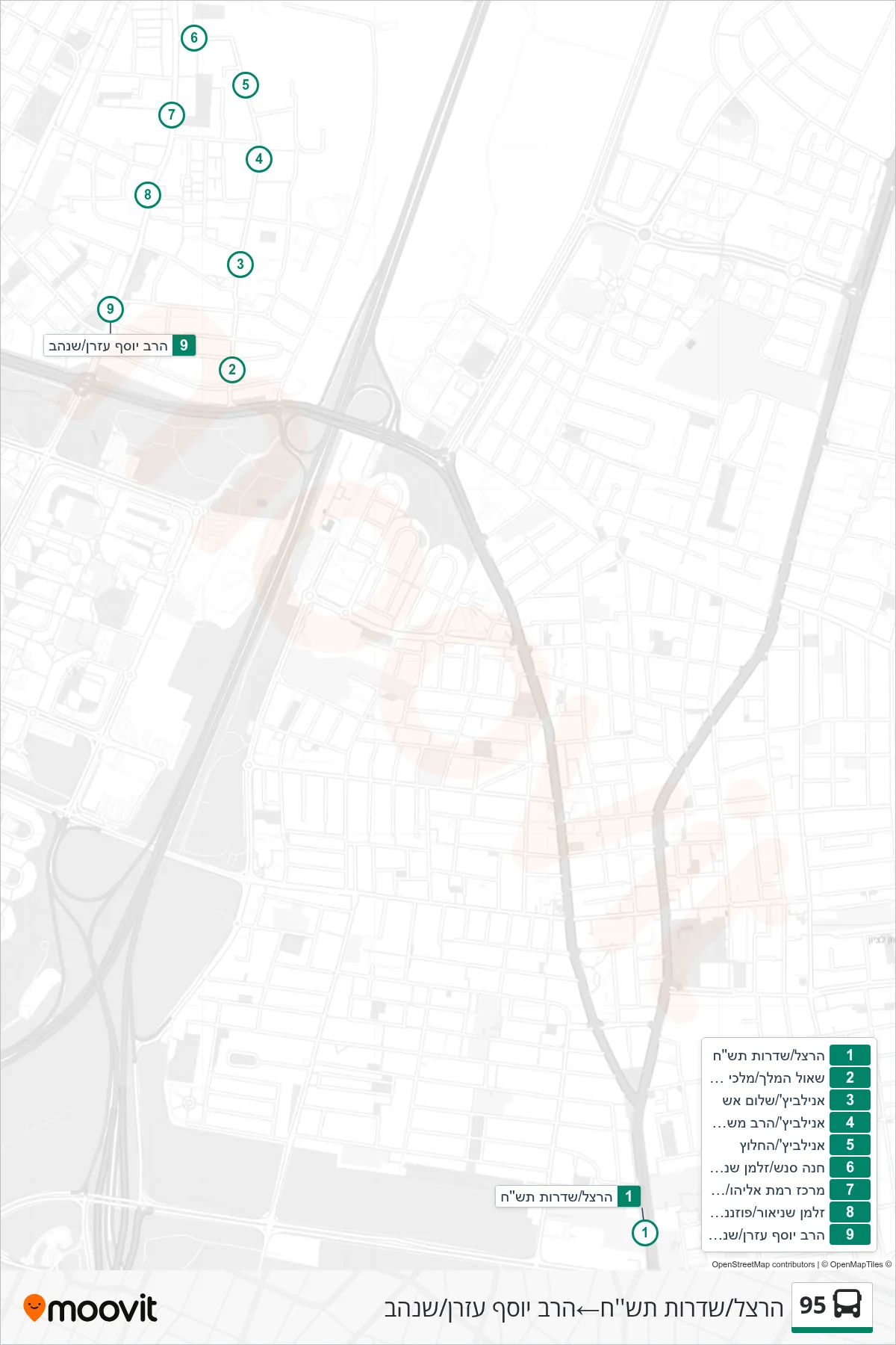 95 bus Line (Herzl/Tash'ch Boulevard‎→Rabbi Yosef Ezran/Shenhav) route and stops on a map