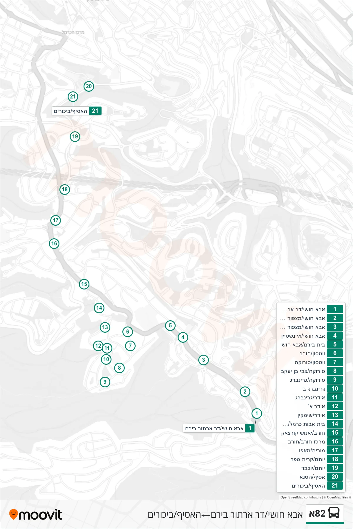 82A bus Line (Abba Hushi/Dr. Arthur Biram‎→HaAsif/Bikurim) route and stops on a map