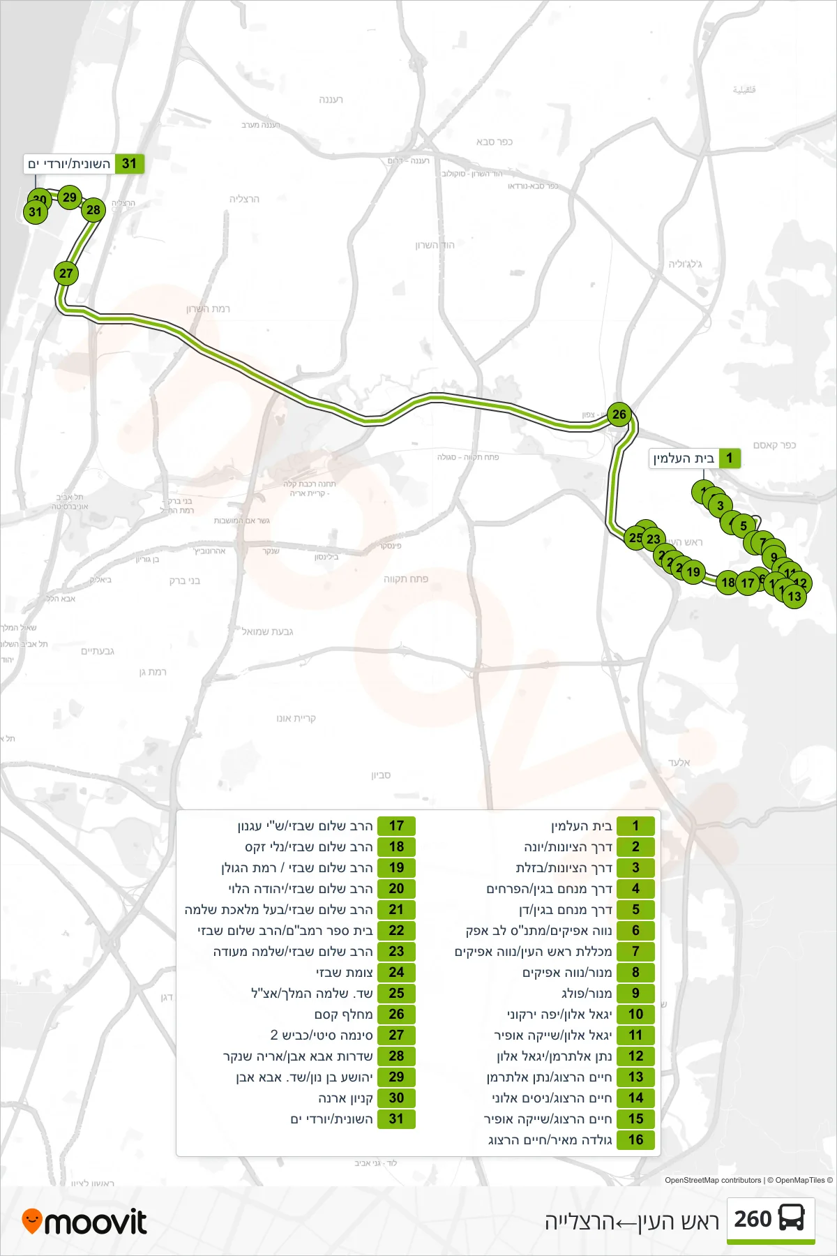 260 bus Line (Rosh HaAyin‎→Herzliya) route and stops on a map