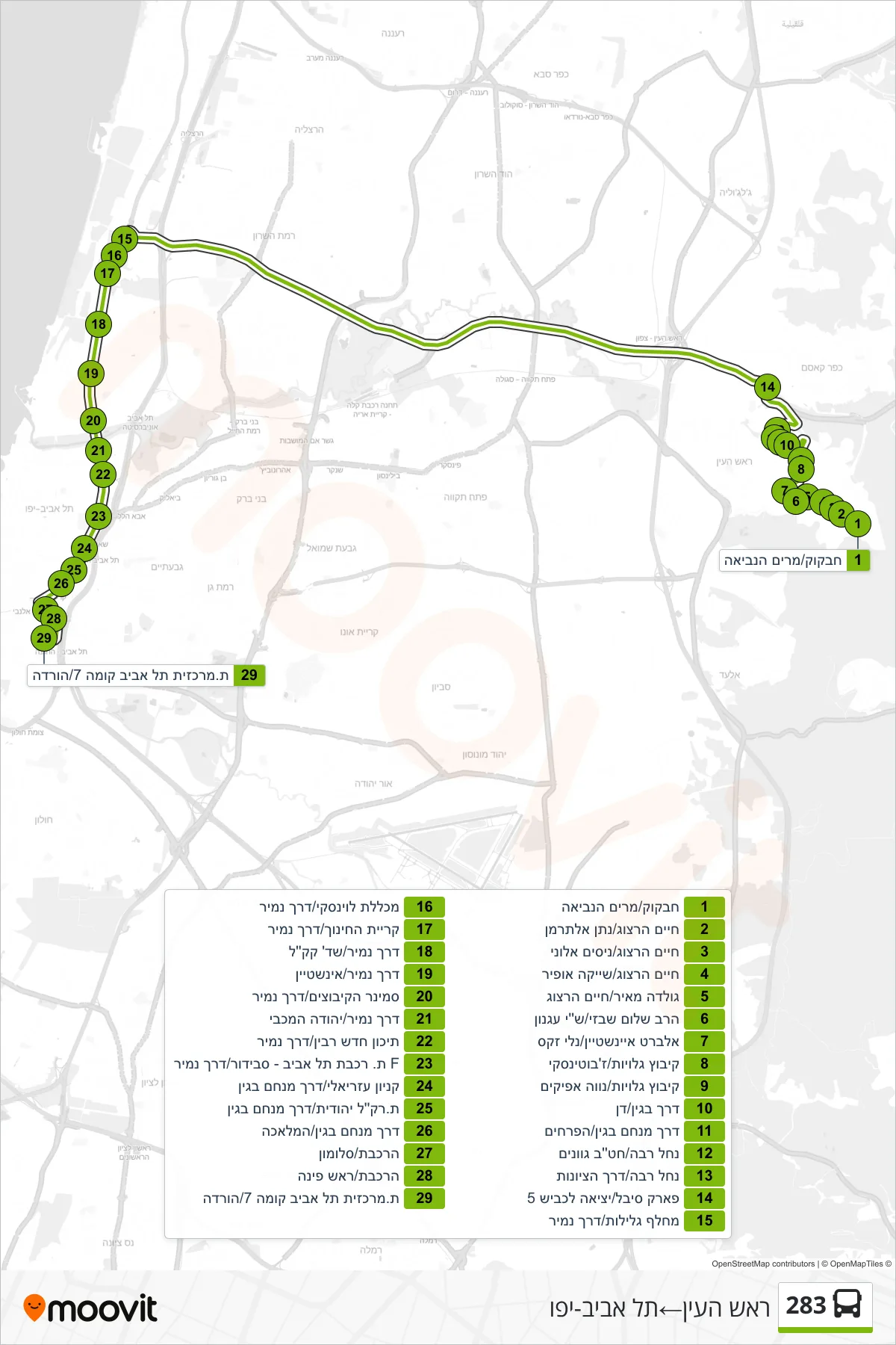 283 bus Line (Rosh HaAyin‎→Tel Aviv-Yafo) route and stops on a map