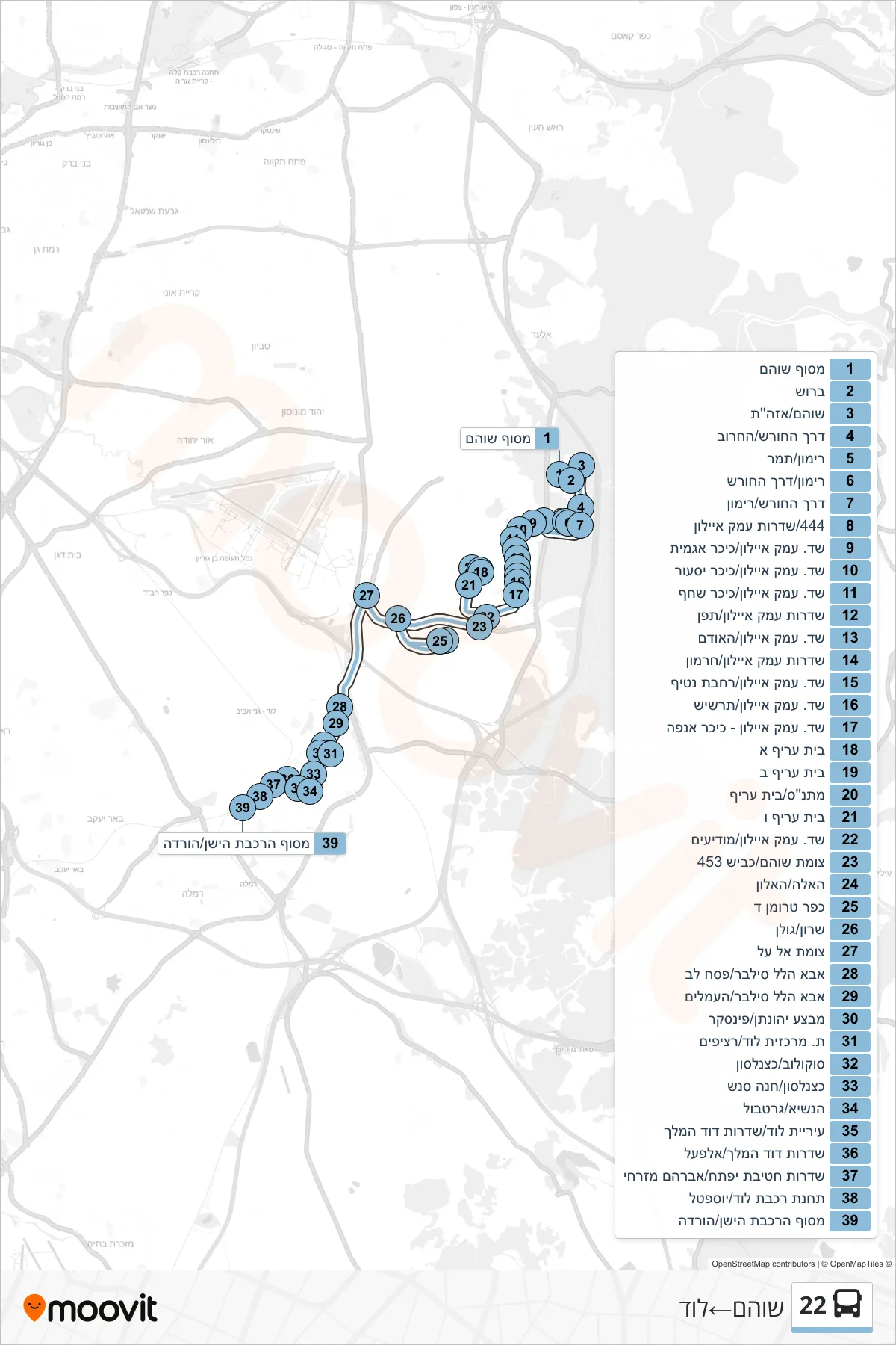 22 bus Line (Shoham‎→Lod) route and stops on a map