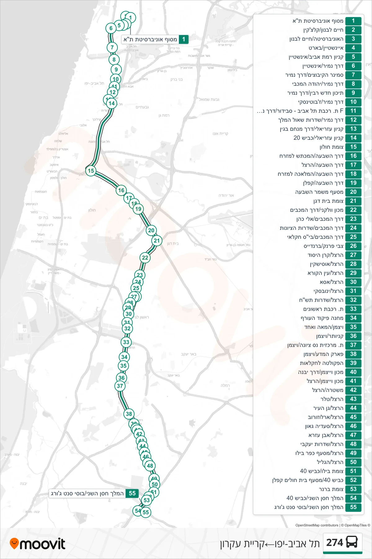 274 bus Line (Tel Aviv-Yafo→Kiryat Ekron) route and stops on a map