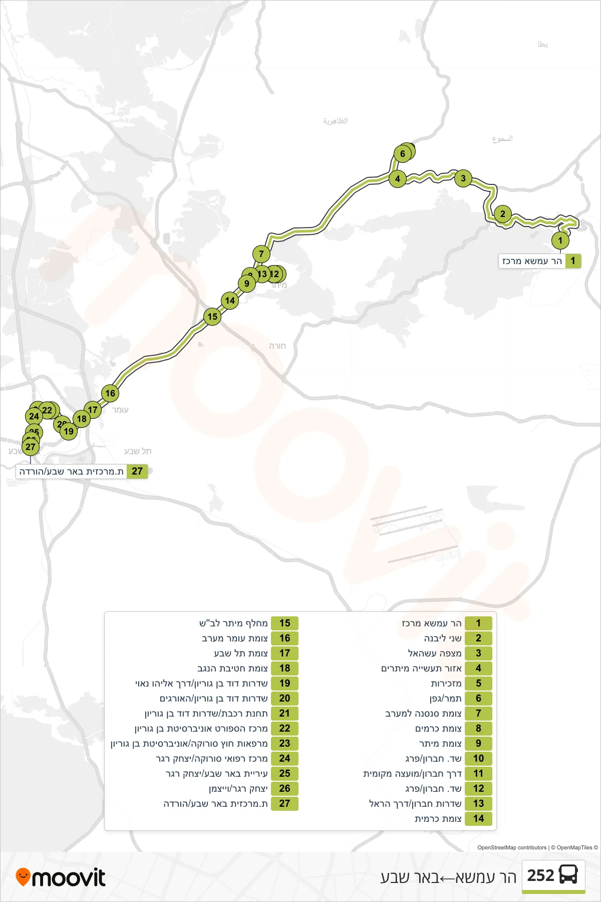 252 bus Line (Har Amasa‎→Beer Sheva) route and stops on a map