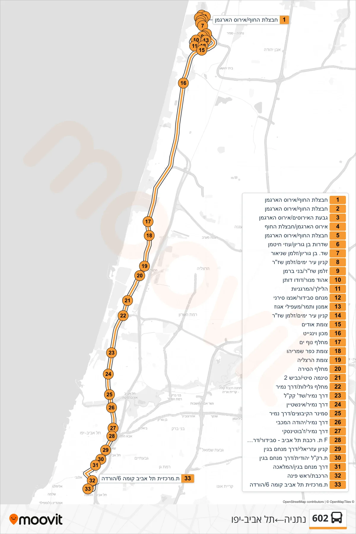 602 bus Line (Netanya‎→Tel Aviv-Yafo) route and stops on a map