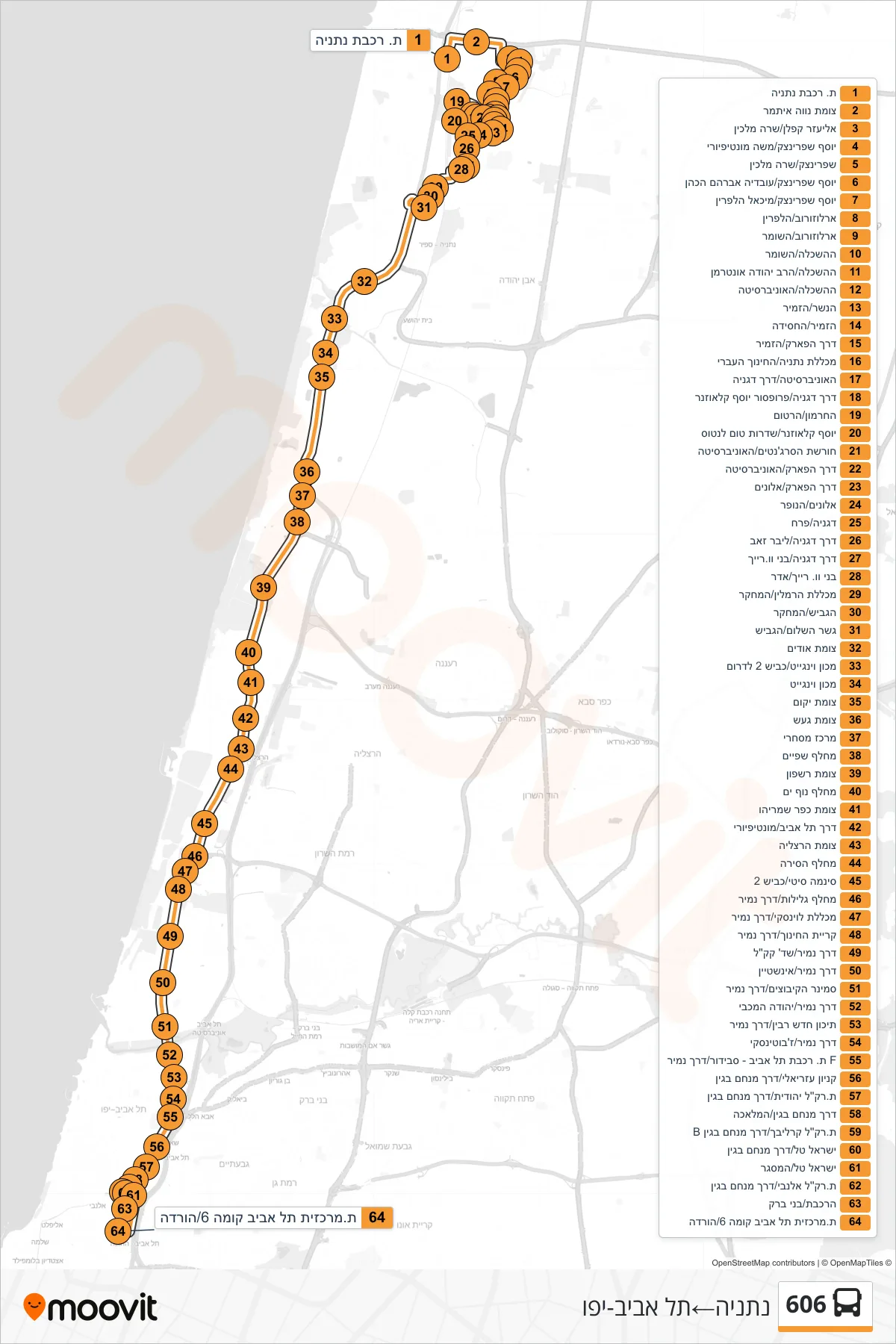 606 bus Line (Netanya→Tel Aviv-Yafo) route and stops on a map