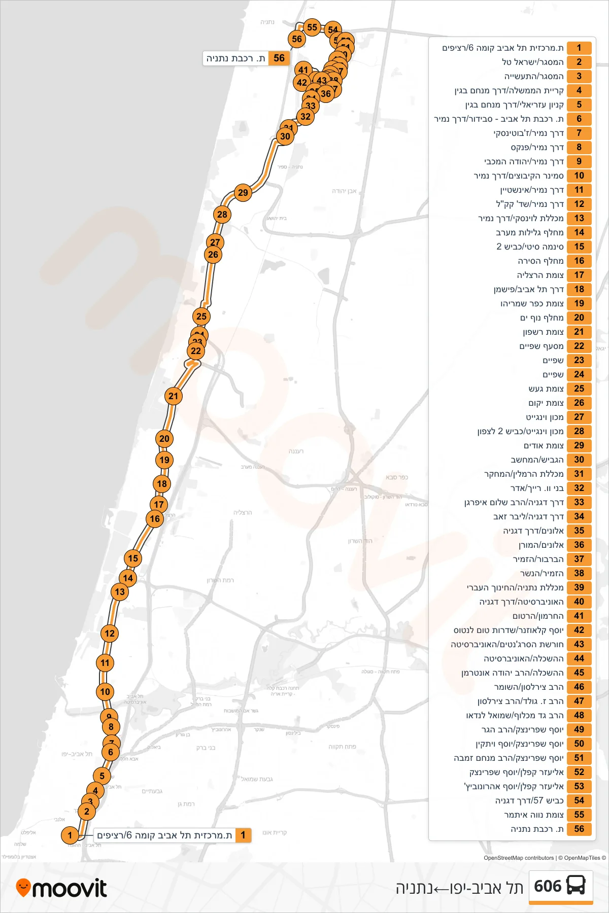 606 bus Line (Tel Aviv-Yafo→Netanya) route and stops on a map