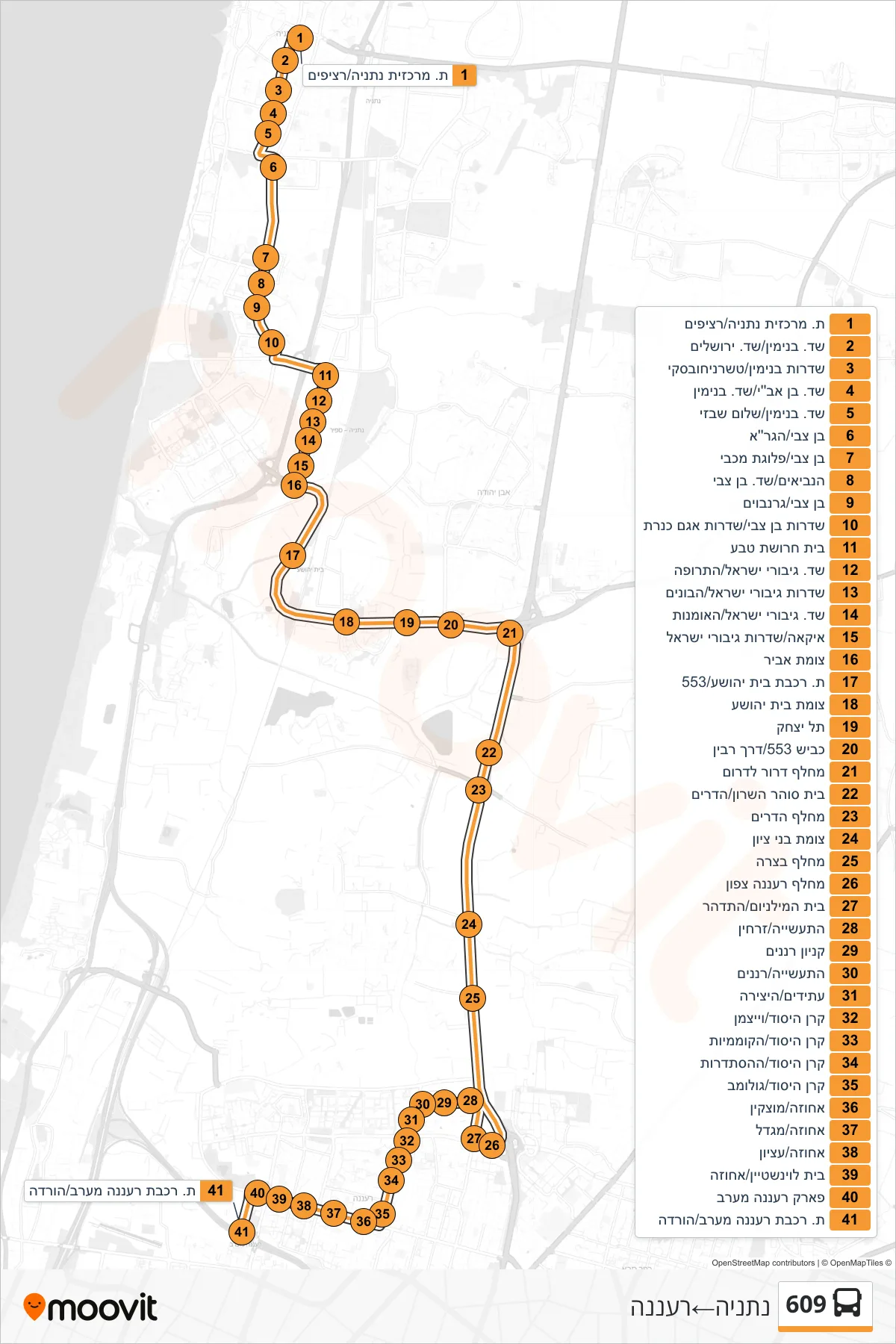 609 bus Line (Netanya‎→Ra'anana) route and stops on a map
