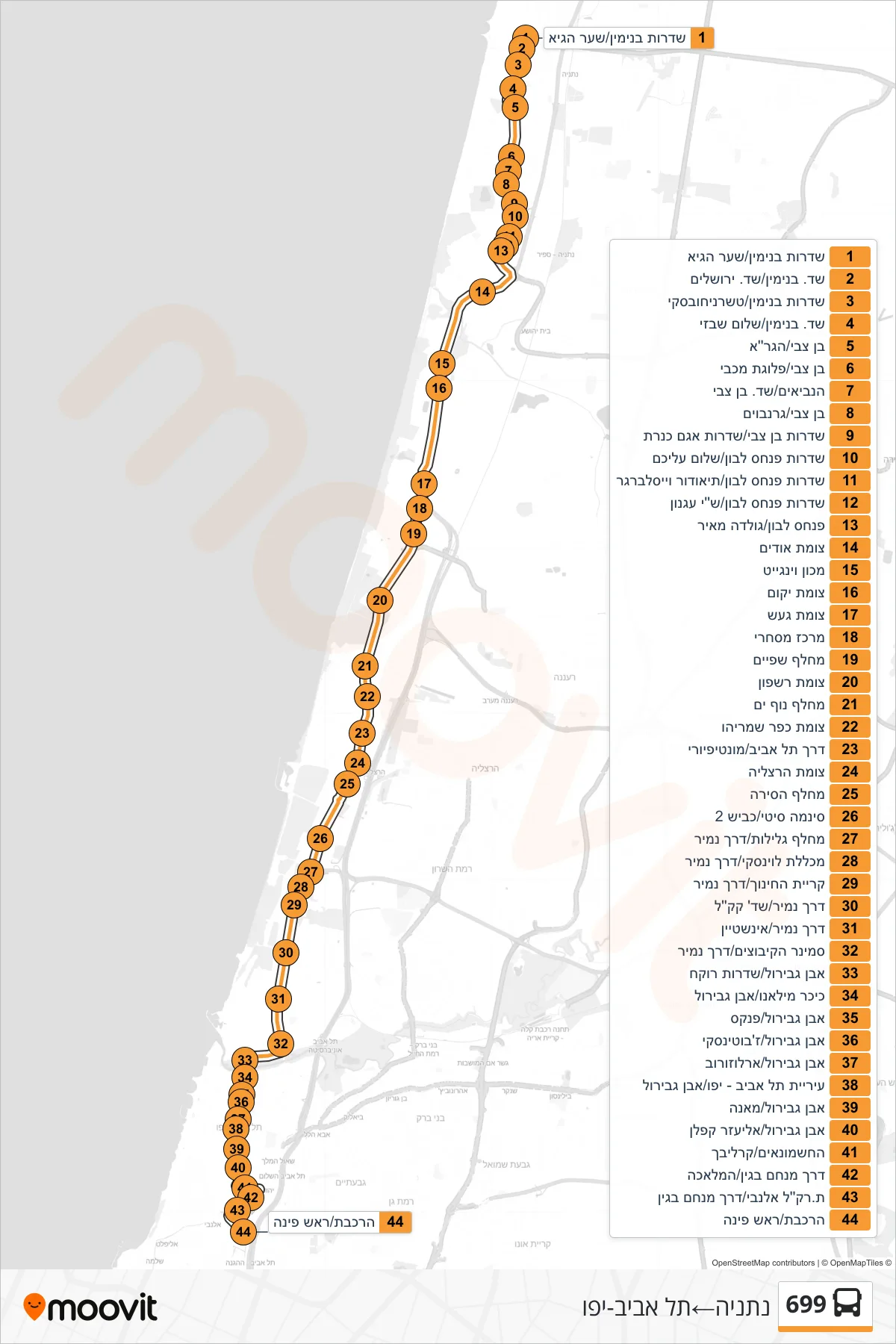 699 bus Line (Netanya‎→Tel Aviv-Yafo) route and stops on a map